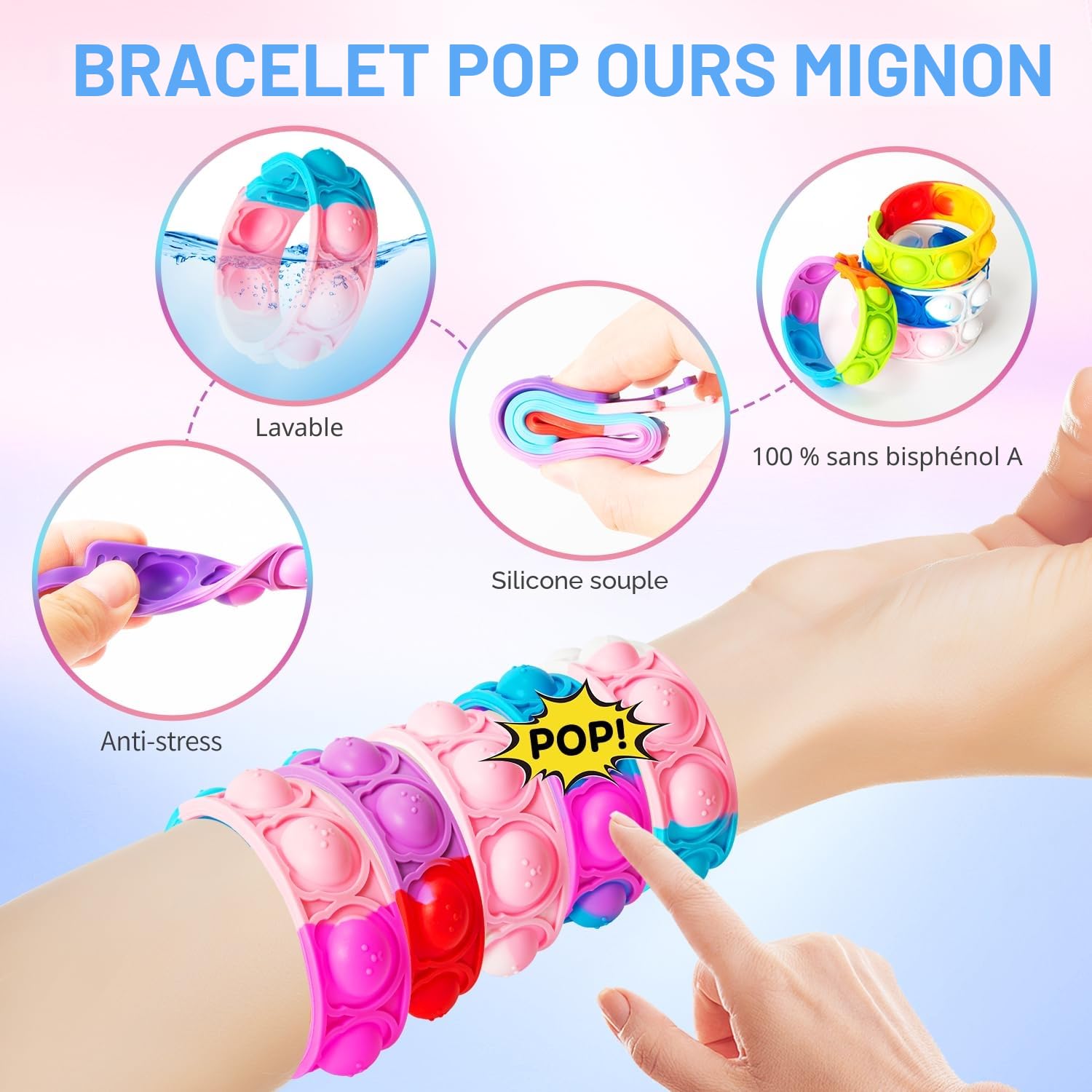 JUAUO Bracelets Anti Stress Enfants Pop It Fidget Toys - Pop Style Bracelet Réglables d'ours en Silicone Doux Jouets Sensoriels à Bulles - Garçons Filles Anniversaires, Récompenses et Petits Cadeaux