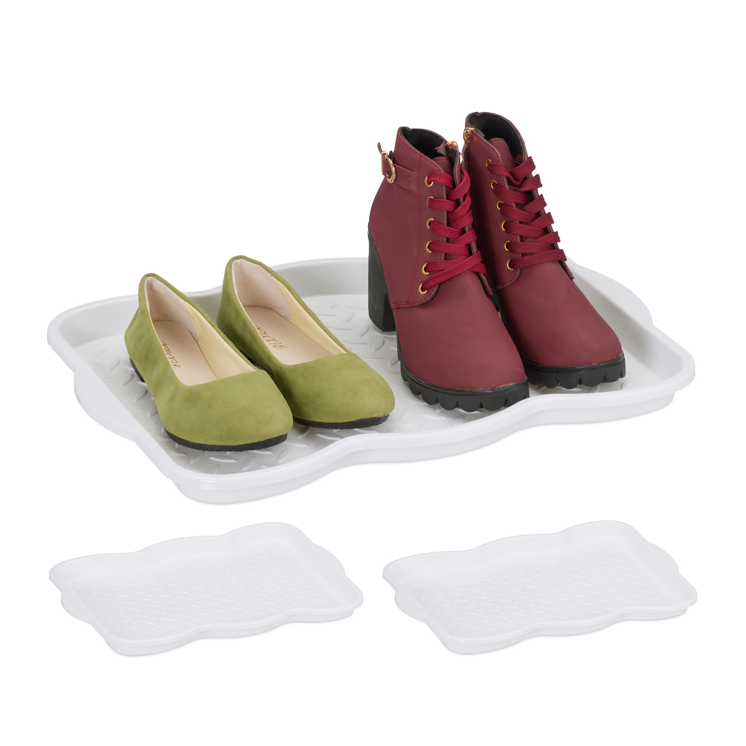 Relaxdays Shoe Drip Tray, Set of 3, Plastic, Hallway Storage for Muddy or Wet Boots & Trainers, 3 x 48 x 34 cm, White