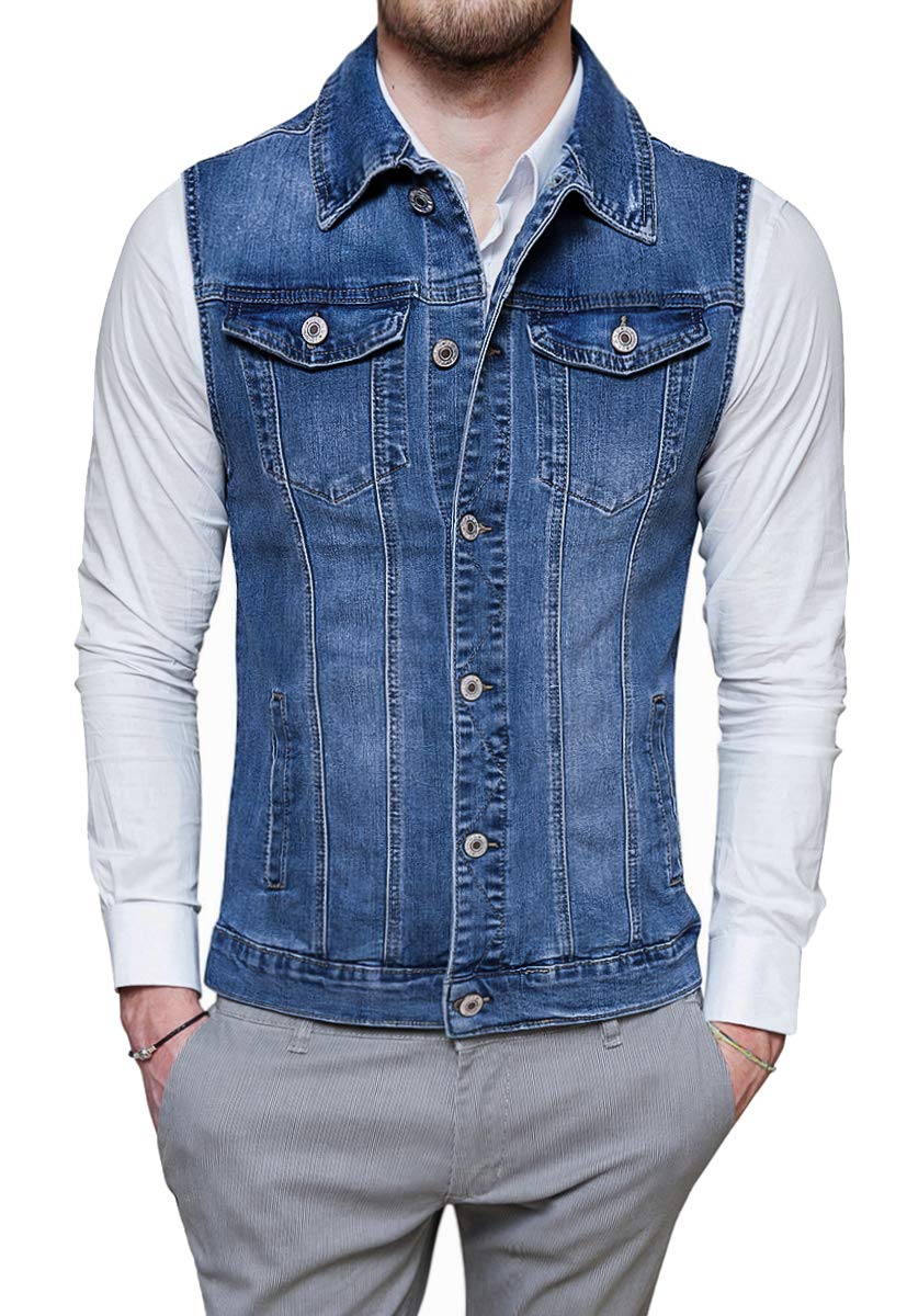 Evoga Giubbotto Smanicato di Jeans Uomo Blu Denim Cardigan Gilet Giacca Casual