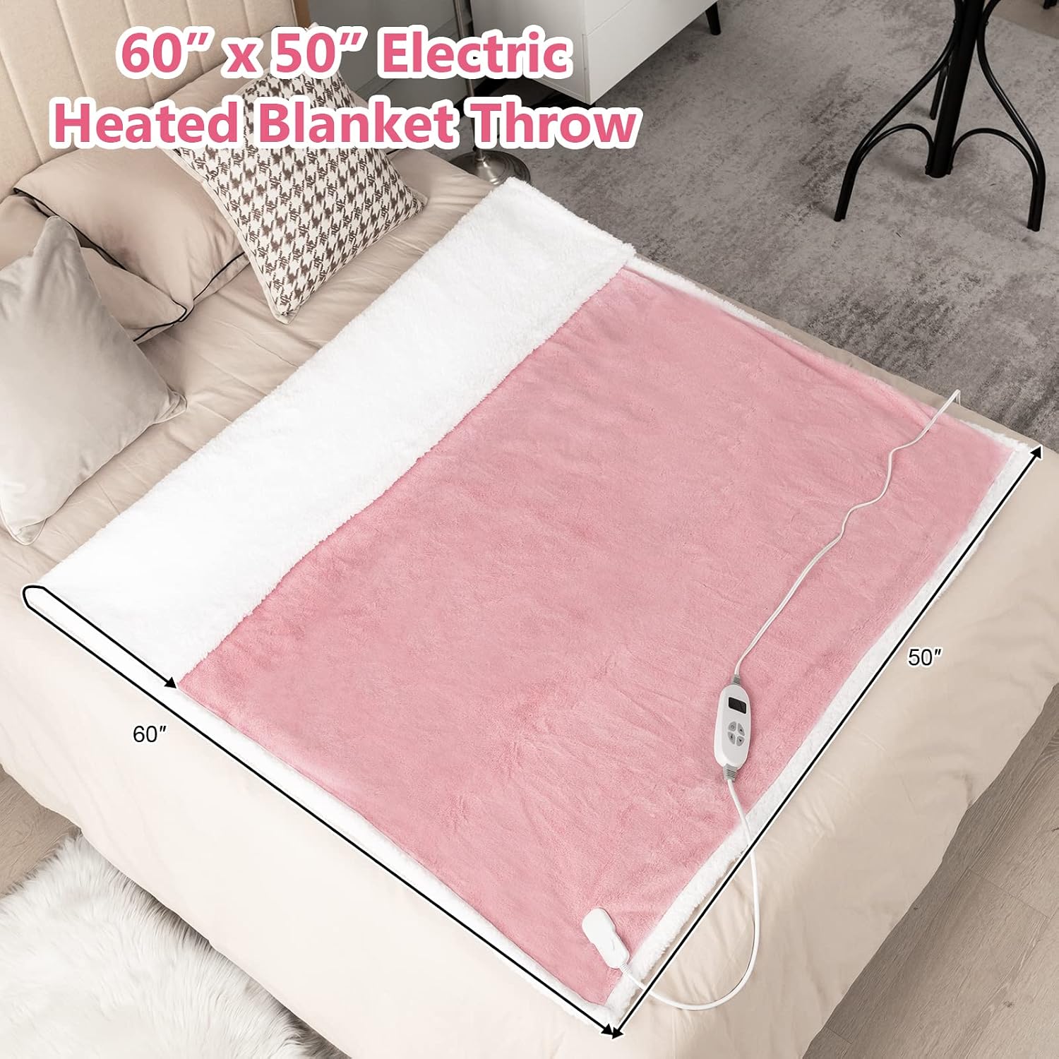 Giantex Heated Throw Blanket, Reversible Sherpa & Faux Rabbit Fur Heating Blanket w/ 10 Heat Levels, 9H Timer Auto Off, Machine Washable Blanket Warmer, 60" x 50" Electric Blanket for Bed Couch