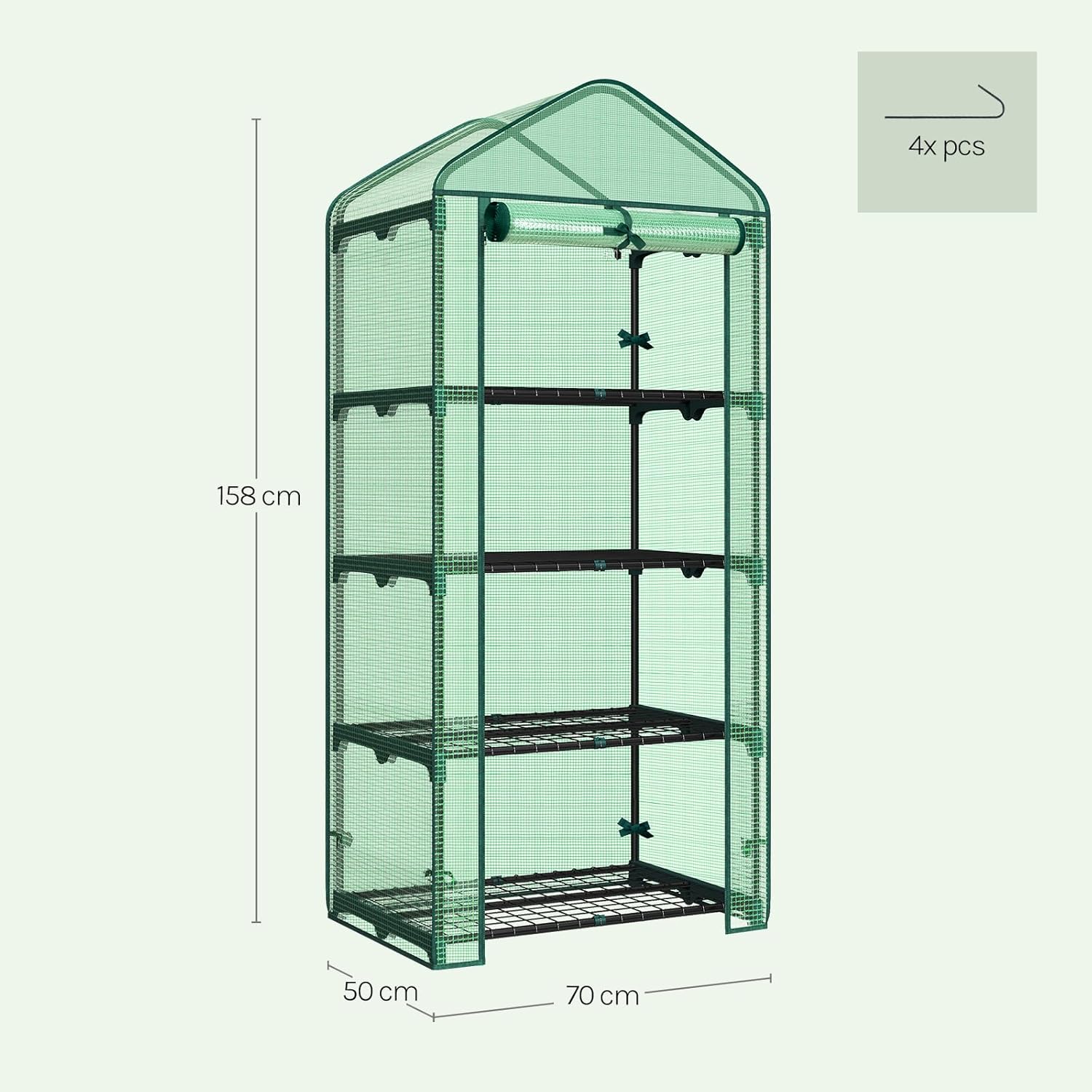 Diagram showing the dimensions of the greenhouse: 69 cm width, 50 cm depth, and 158 cm height.