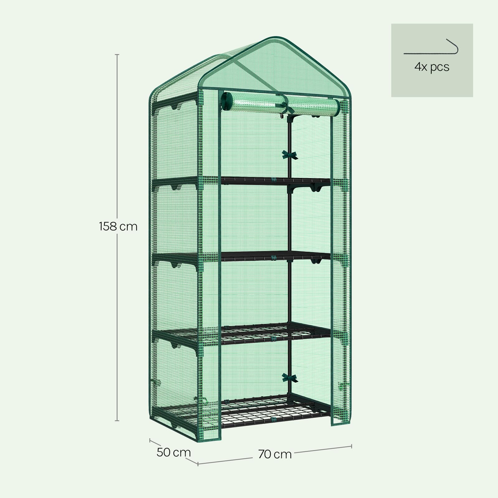WOLTU Serra da Giardino a 4 Ripiani, Serra da Balcone con Porta Avvolgibile, Telo in PE Impermreabile, Tetto a Punta, Telaio in Metallo Verde, 69x49x158 cm