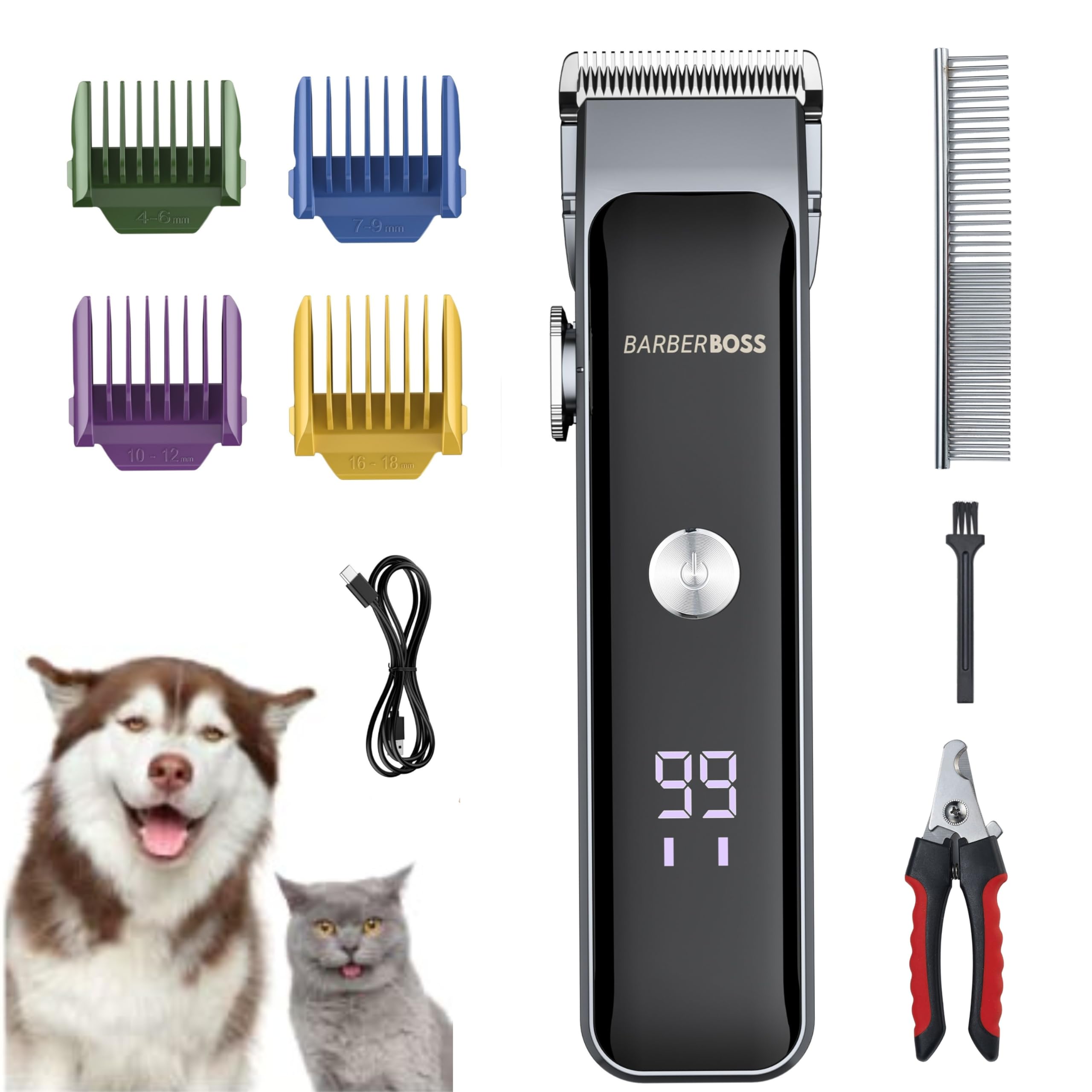 BarberBoss Cordless Pet Grooming Kit for Dogs & Cats, Quiet Hair Clippers for Thick & Matted Fur, Pet Trimmer with LED Display, Complete Home Grooming Set for Pets