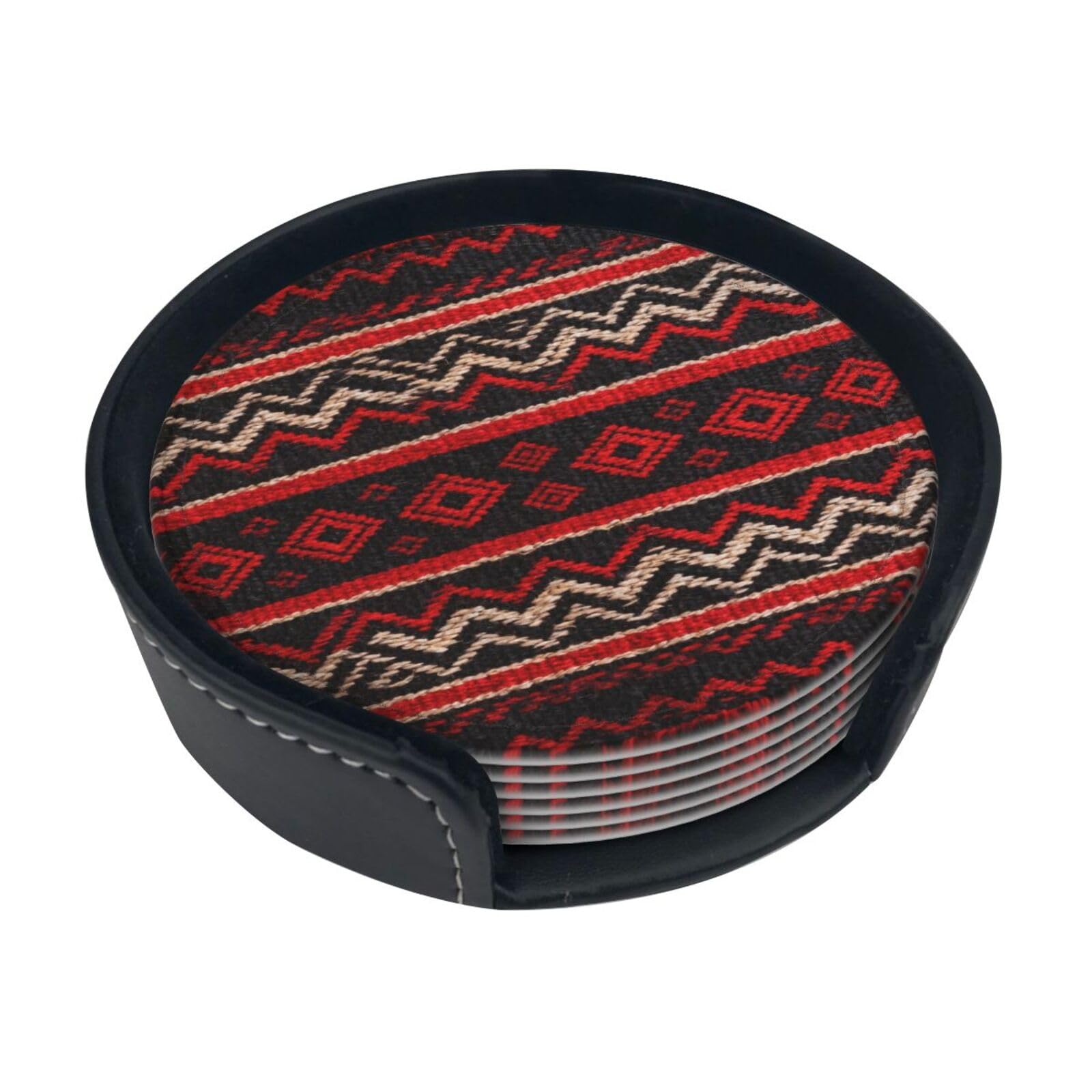ethnic stripes Leather Coasters-Set of 6 with Storage Holder