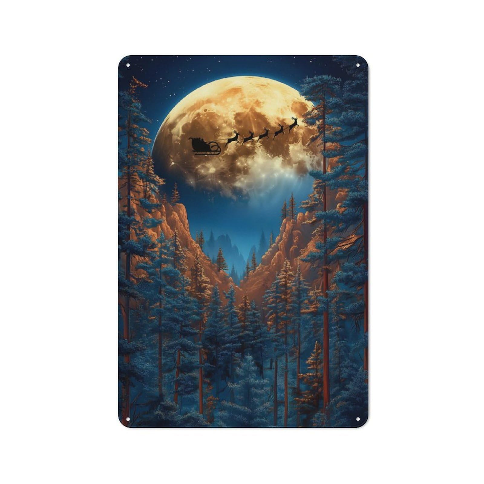 Junmoney Santas Flight Through Forest Tin Wall Plaque 30X20cm With For Home Office Or Studio, Gift Idea At Christmas For Creative Workspace Decorators