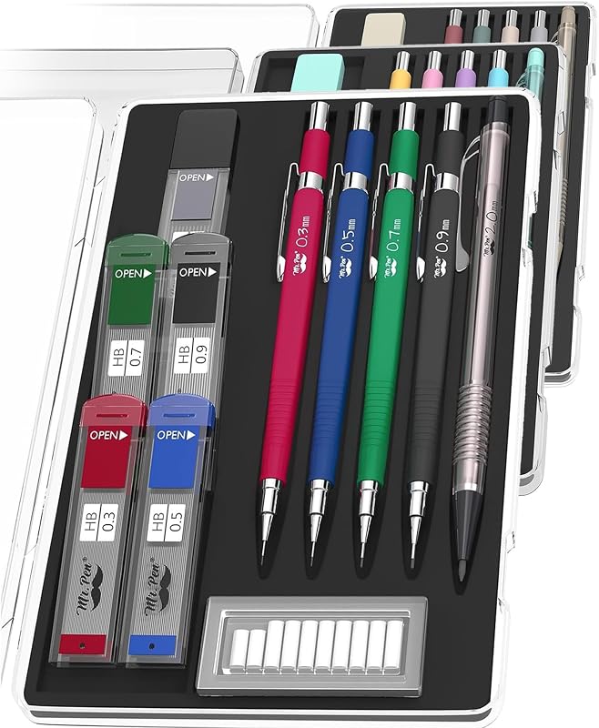 Mr. Pen- Art Juego de portaminas, 5 portaminas (0,3, 0,5, 0,7 | 0,9, 2,0 mm), 5 recambios de mina HB y 10 recambios de borrador, lápices de dibujo de precisión para dibujar, escribir y obras de arte técnicas