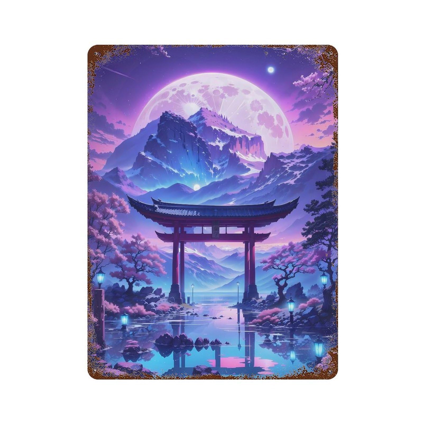 Rust Effect Sakura Moonlit Lake Rustic Tin Plaque 15.7"x11.8", Shabby Chic Decor for Basement, Hobby Room And Garage Decor