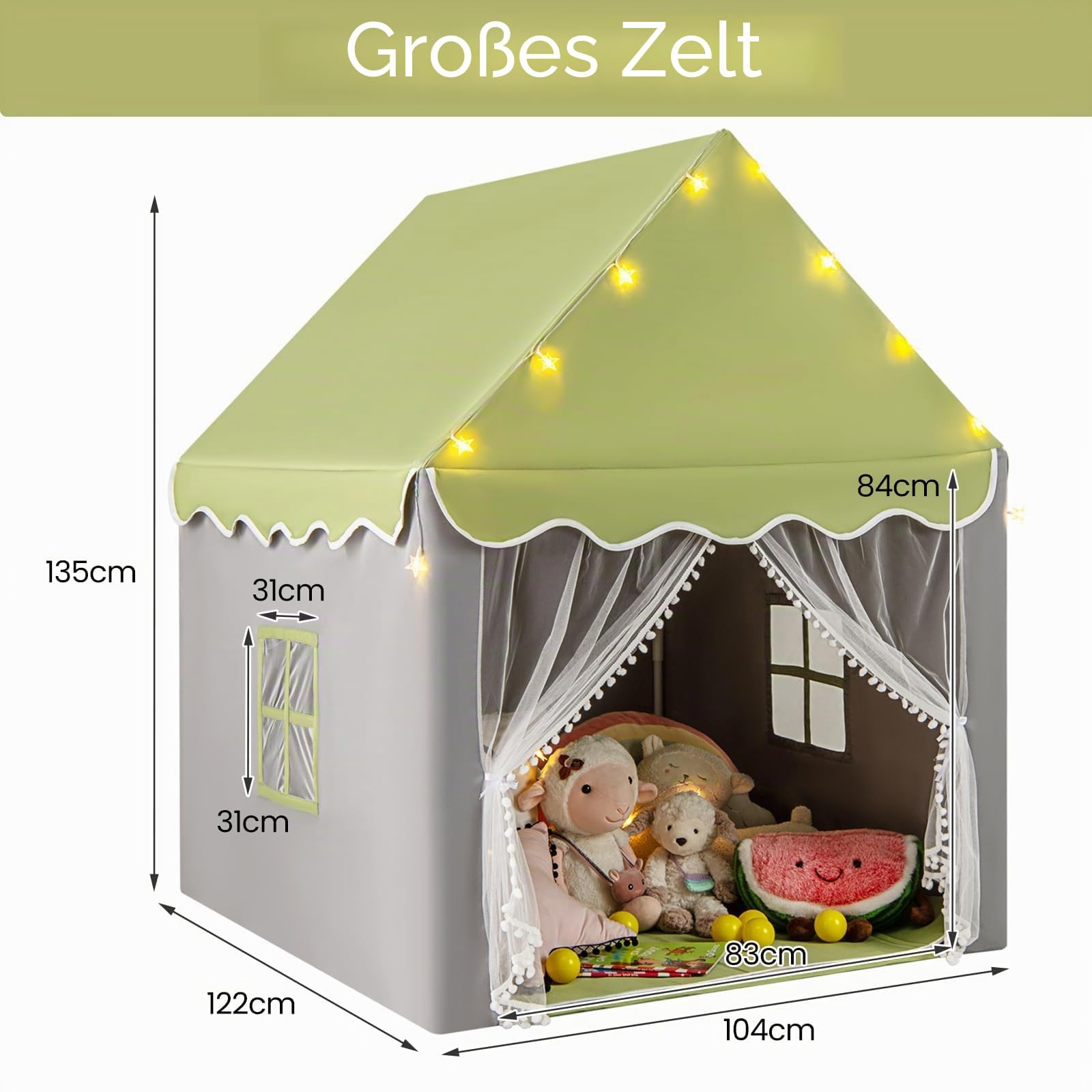 HOMASIS Kinderzelt für Indoor, Spielhaus mit Matte & Sternlichtern & Fenstern & doppeltem Vorhang, Kinder Spielzelt Prinzessin Kinderspielzelt Bettzelt für Mädchen & Jungen (Grün, Warmes Licht)