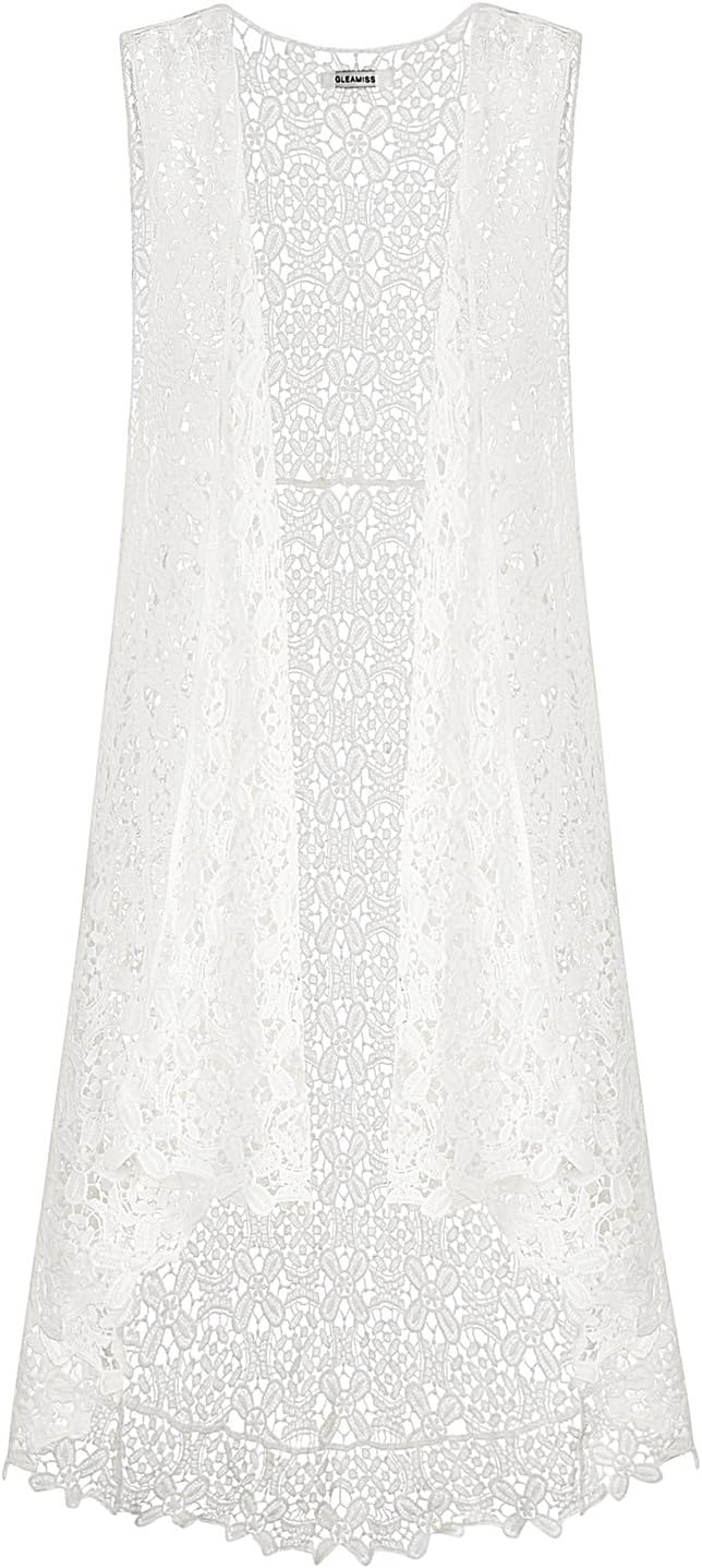 Lace Front Open Sleeveless Top Cardigan Crochet Vest Bikini Cover up Summer Beachwear