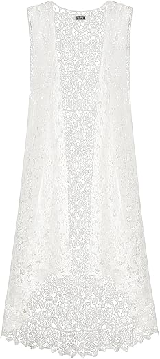 Lace Open Long Sleeveless Top Cardigan Crochet Vest Bikini Cover up Summer Beachwear (Free Size, White)