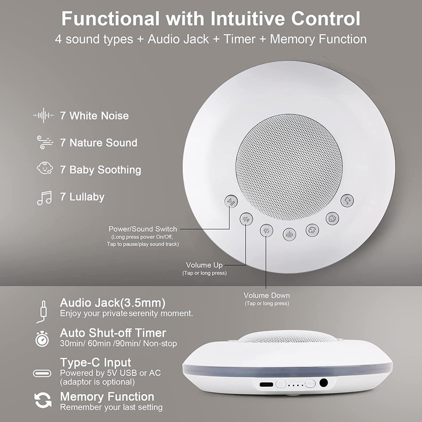 Strumento Intelligente per Dormire con Rumore Bianco, 28 Suoni rilassanti Non ripetitivi, 30 Livelli di Volume, 3 Timer, Funzione di Memoria, Jack Audio, Ricaricabile per casa, uff