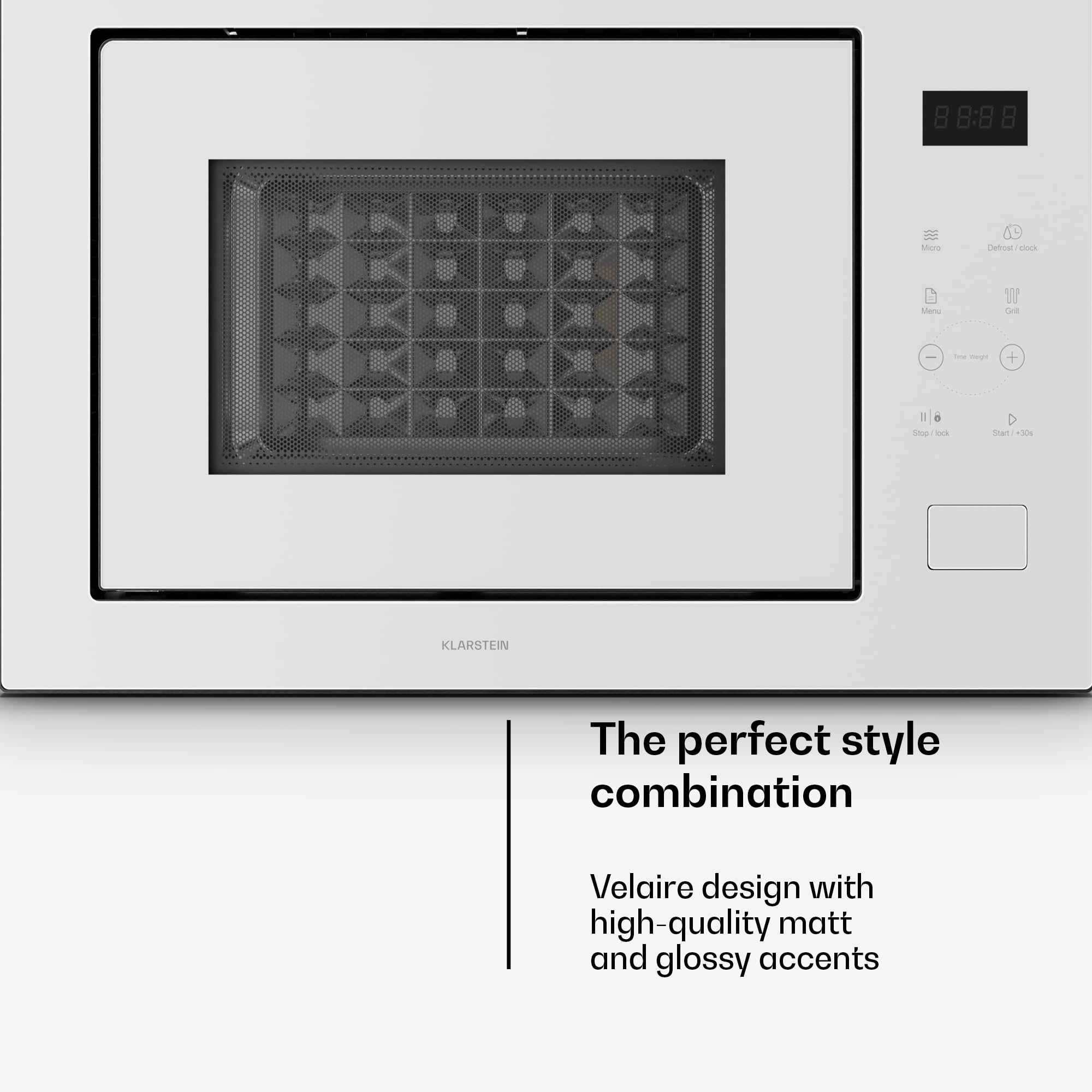 Klarstein Velaire do zabudowy mikrofalowej, 25 litrów z grillem - 850 W, grill 1200 W, 8 programów, sterowanie dotykowe, stal nierdzewna, taca 31,5 cm - do zabudowy w kuchence mikrofalowej, biała