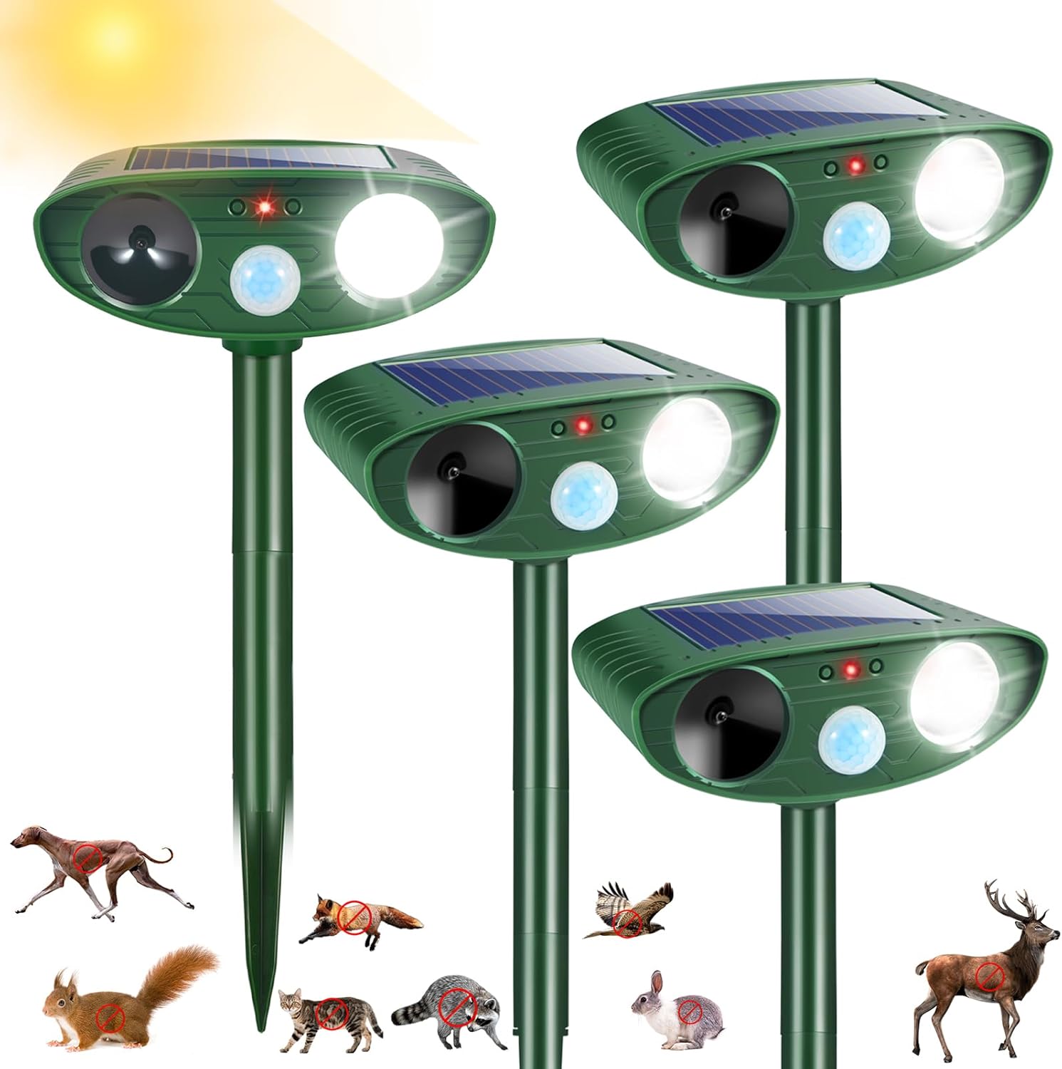 4 Pack Solar Ultrasonic Animal Repeller Outdoor Cat Deer Repellent Devices with Strobe Light,Animal Deterrent Devices for Squirrel Rabbit Raccoon Dog Skunk Repellent for Yard Garden Farm