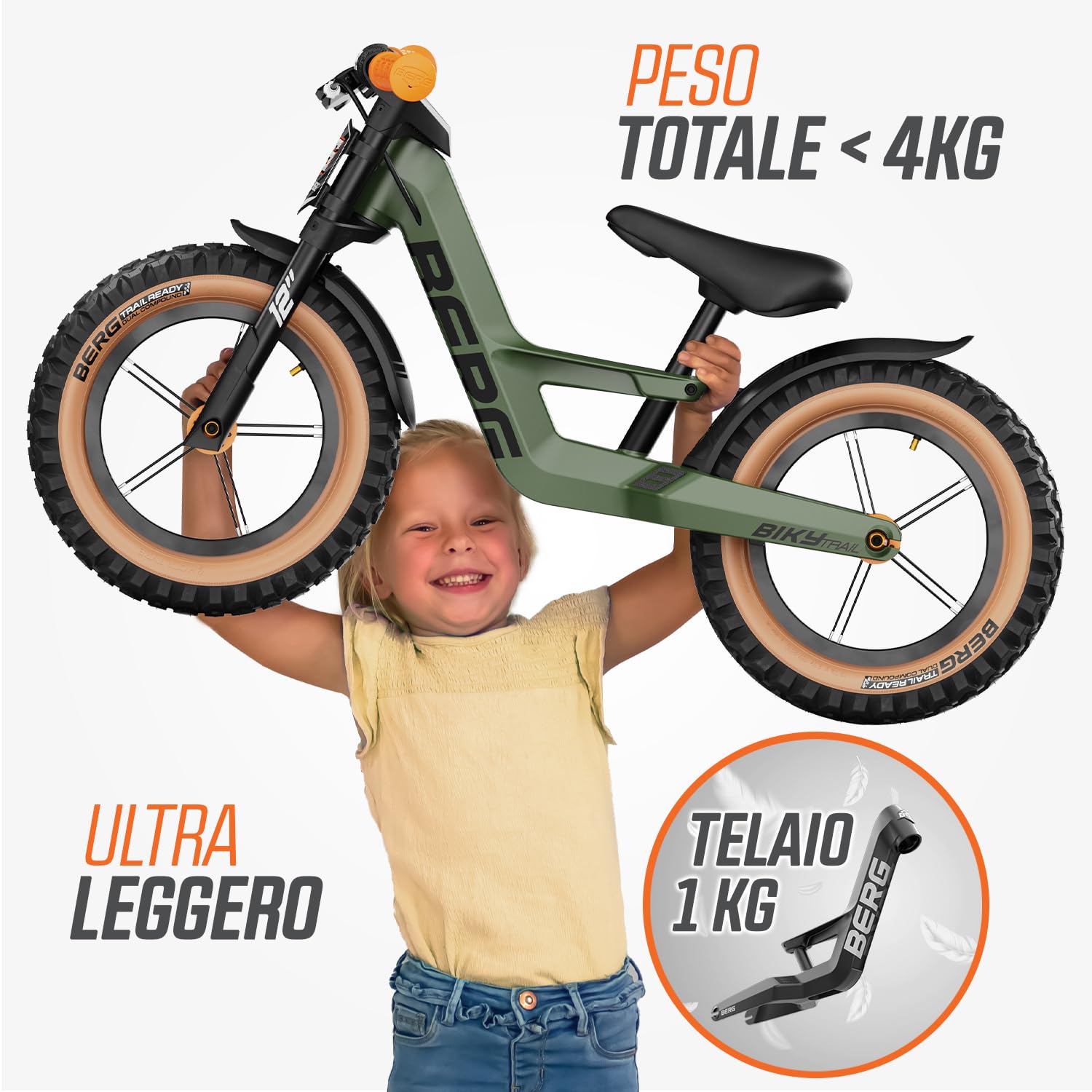 BERG Biky Cross - Bicicletta da 12 pollici, per ragazzi e ragazze dai 2 anni in su, con freno a mano, pneumatici ad aria, sella regolabile in altezza e telaio leggero in magnesio