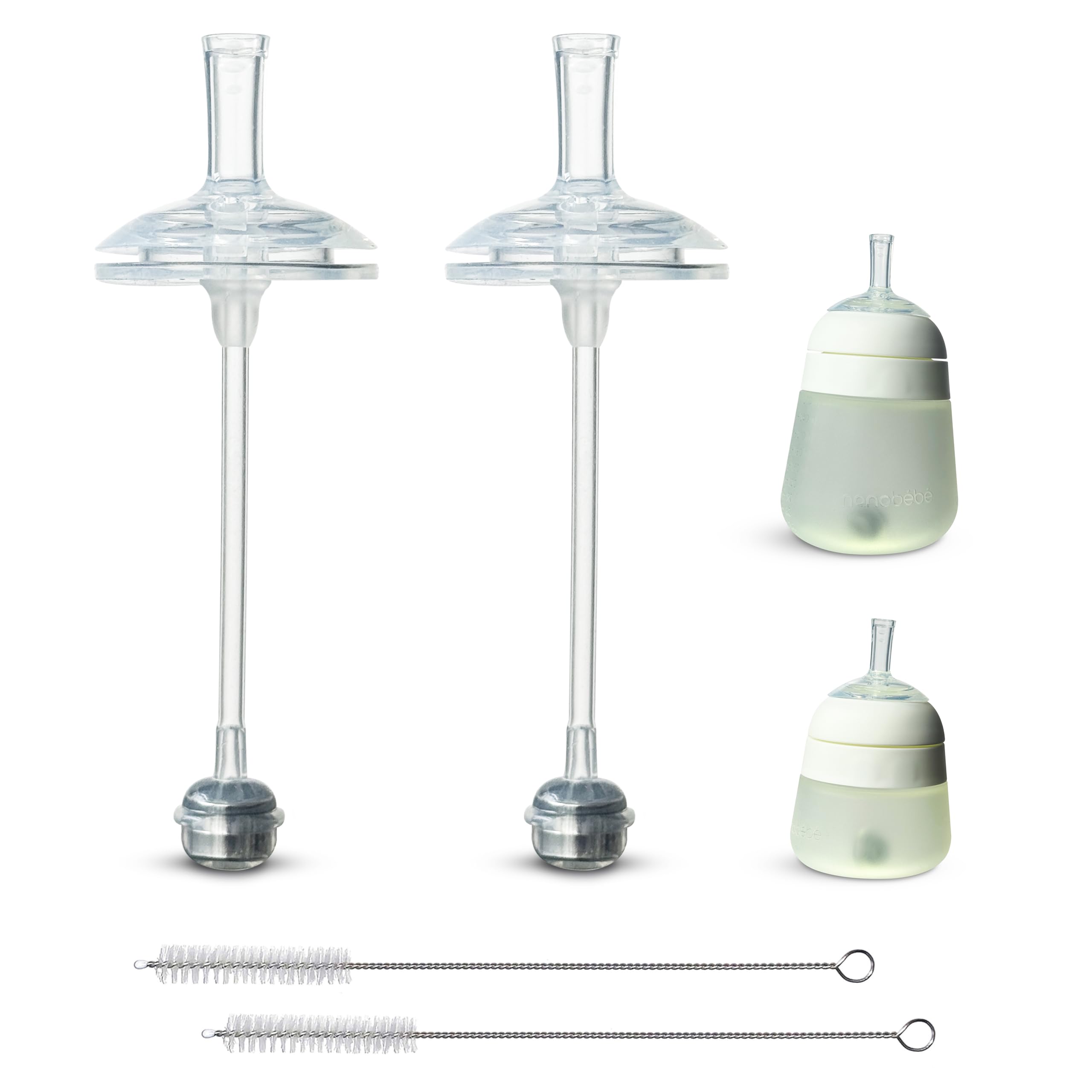 Straw Cup Conversion Kit for Nanobébé Flexy Silicone Baby Bottles 2-Count, Soft Food Grade Silicone Sippy Spout Nipples and Weighted Straw, Cleaning