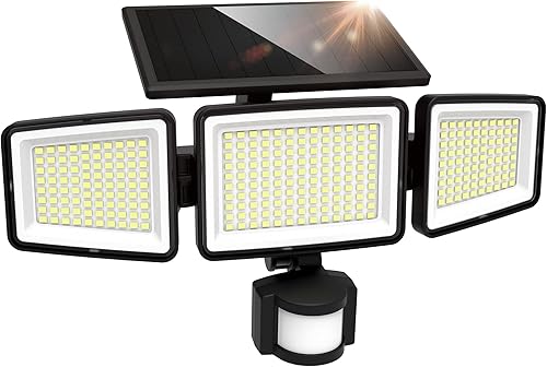 Miniatura 1 de UME Luces solares para exteriores, 302 LED, 3000 lúmenes, IP65, impermeable, sensor de movimiento, luces de inundación de 3 cabezales, 270 ángulo de
