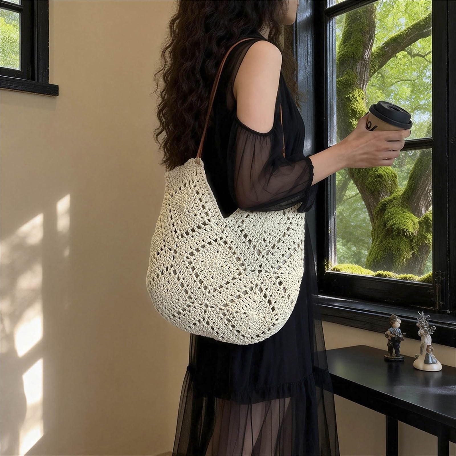 borsa donna estiva Borsa tote intrecciata a mano di grande capacità, borsa a spalla singola da donna, stile semplice, in cotone