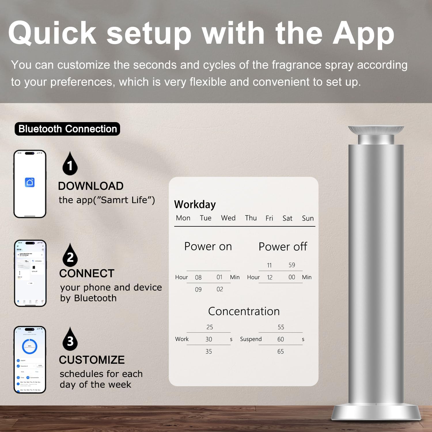 Wirless Rechargeable Waterless Scent Diffuser Kit, Includes 5 Premium Oils, 2000 Sq.Ft Coverage,Hotel Scent Diffuser for Home, Studio, Cordless Essential Oil Diffuser Large Room, APP Control - Silver - Image 7