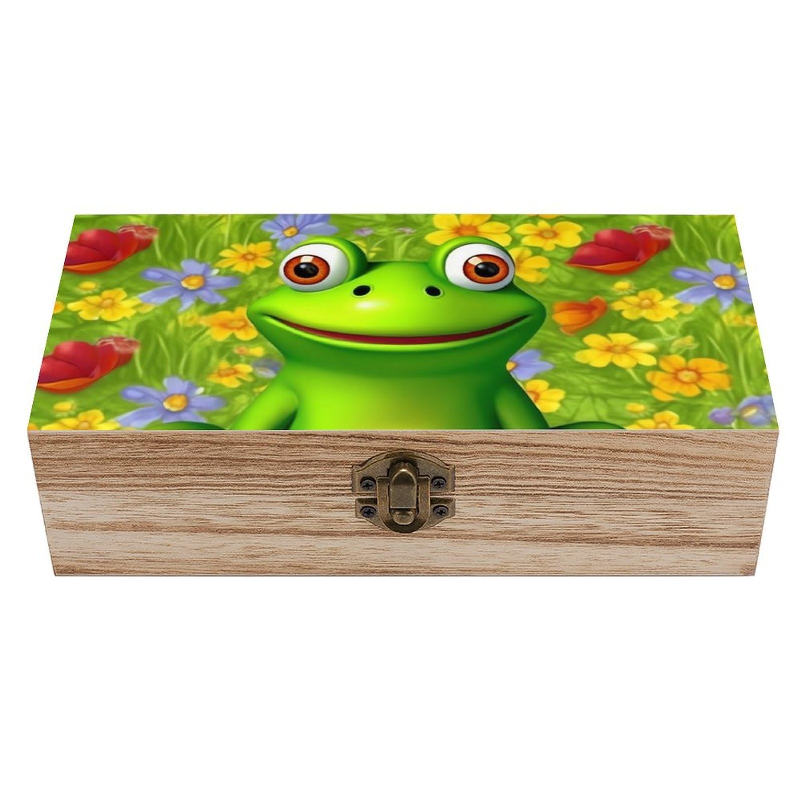 HLBSDM Frog Memory Jewelry Wooden Box, Large Wooden Treasure Chest Boxes with Hinged Lid, Photos Storage Case for Women Men, Wooden Keepsake Box, 7.9'' X 3.9'' X2.3''