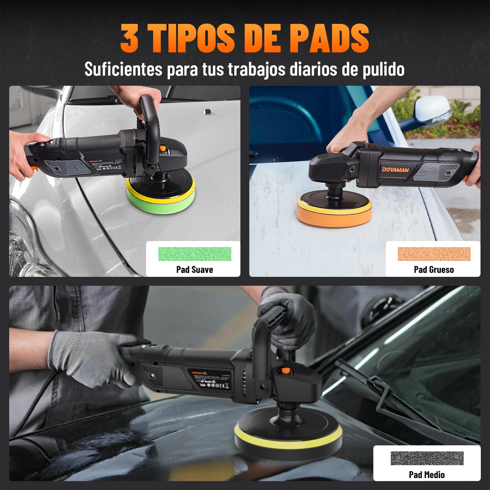 PLS03A Pulidora 1500W, Rotativa 180/150 mm, 6 Velocidades Ajustables (600–3000 rpm), Mango Desmontable, Kit Pulidora para Coche, para Detallado, Pulido y Encerado