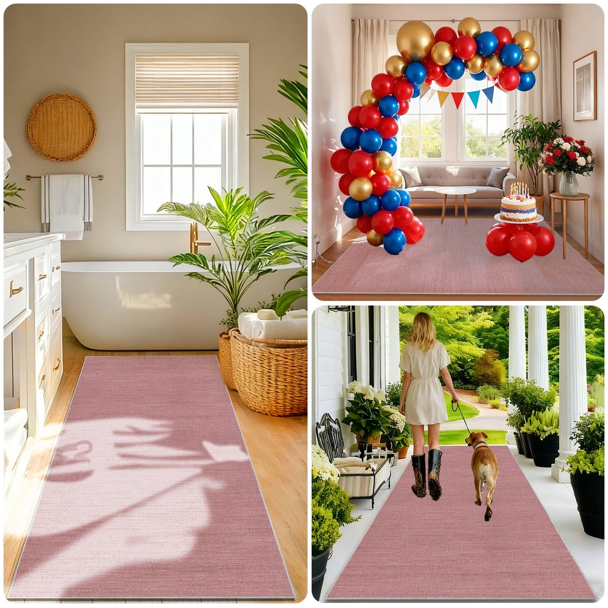 Teppich Läufer Teppichläufer Flur Läufer Teppich Rutschfester Waschbarer Teppich für Küche Läufer Schlafzimmer Bodenteppich für Flur Furteppich Läufer Lang Küchenteppich Rosenrosa 40 x 250cm