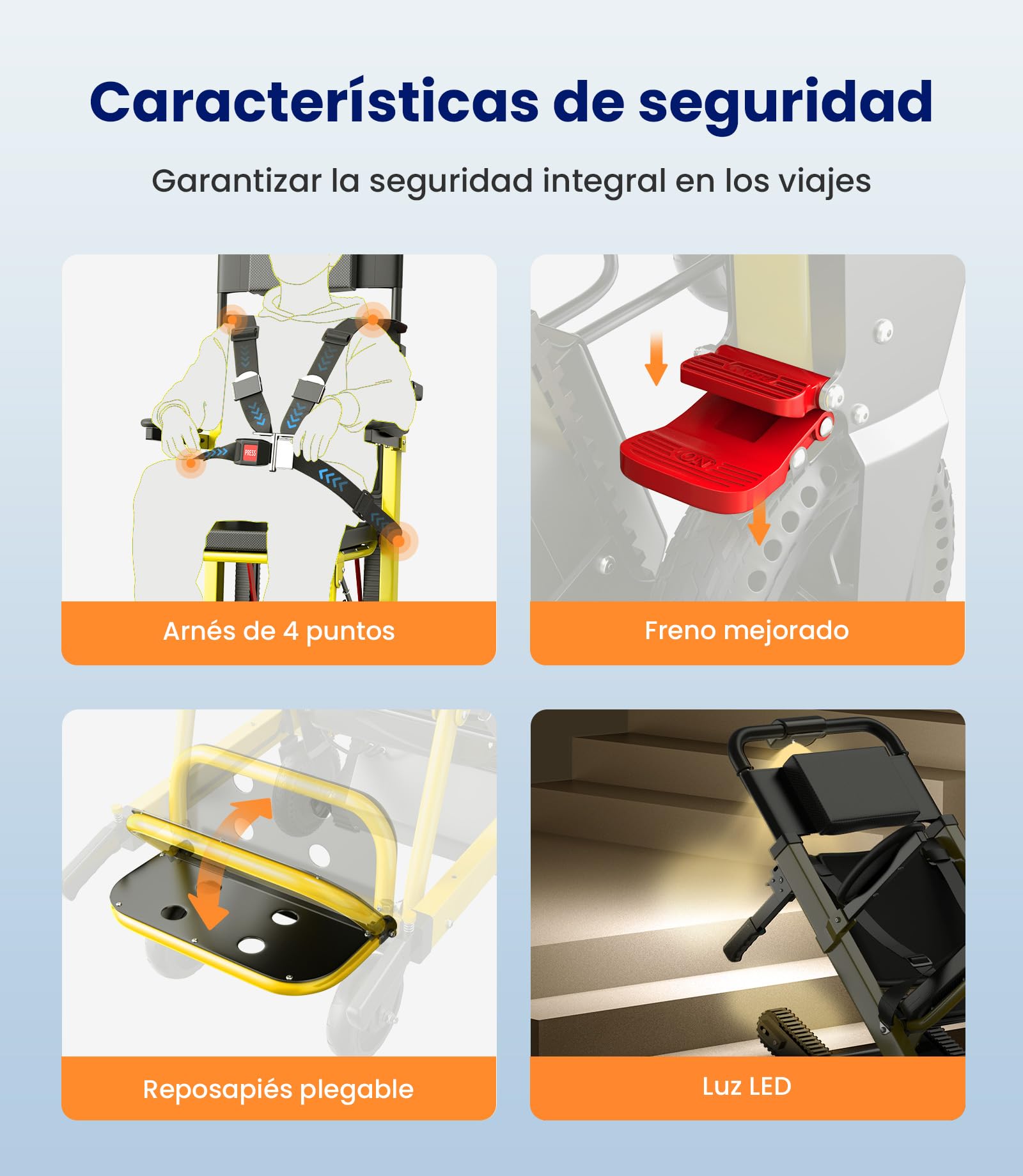 VOCIC AY04 Silla de ruedas eléctrica para subir escaleras, 220 kg | Alta capacidad de carga, con cadena de goma, para personas mayores, con luz LED (amarillo)