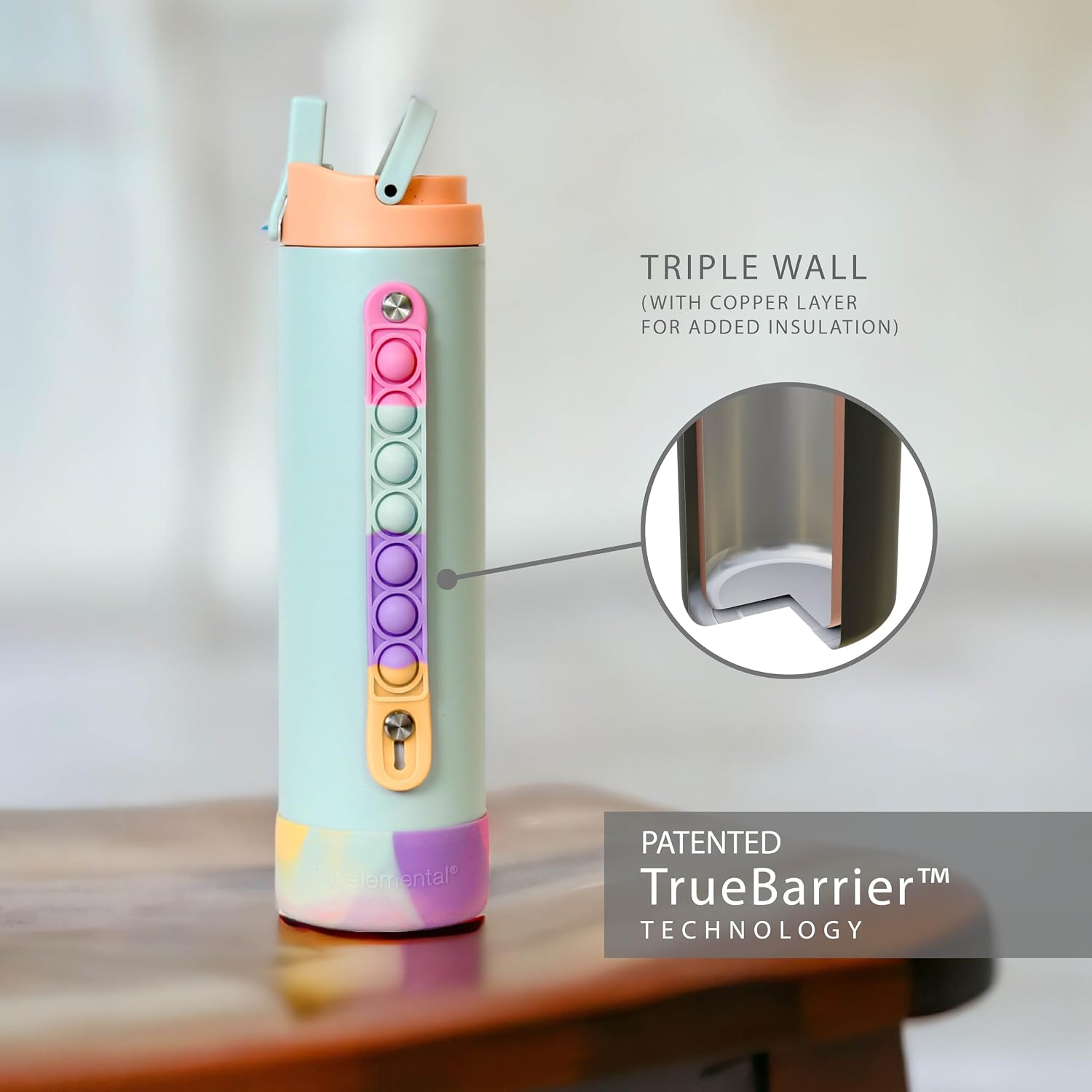 Elemental Iconic Kids Personalized Water Bottle with Straw Lid & Stress Relief Pop It Handle, Custom Triple Insulated Kids Stainless Steel Water Bottle For Girls & Boys, 20oz - Mint Sorbet