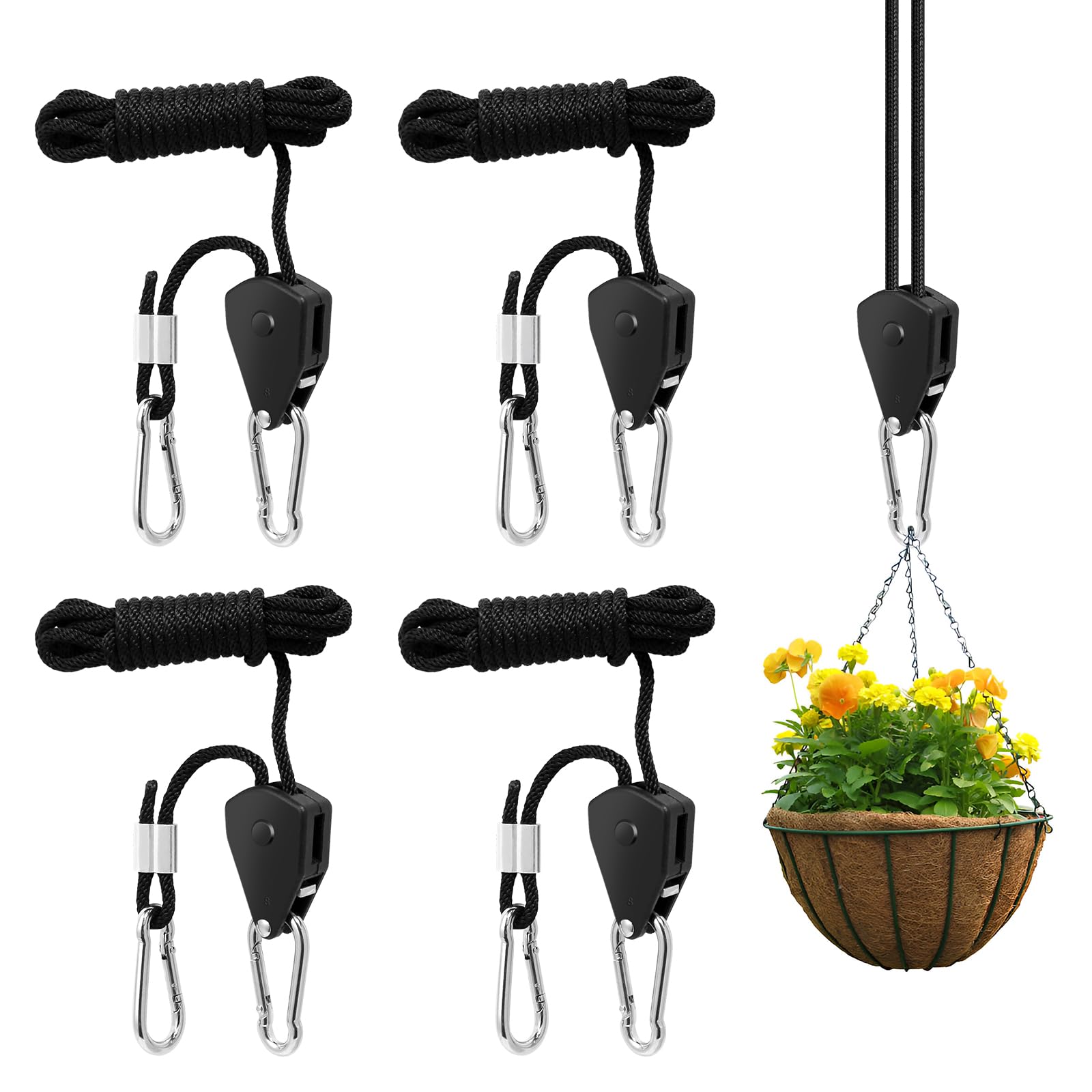 Seilratsche mit Haken, 4 Stück 150lb Duty Heavy Rope Seil Ratsche, Verstellbarer 1/8 Zoll Seilspanner, Seil Ratsche Hanger, Seilzugratsche Schwarz für Pflanzenventilator Grow Lampe Zelten(2M)