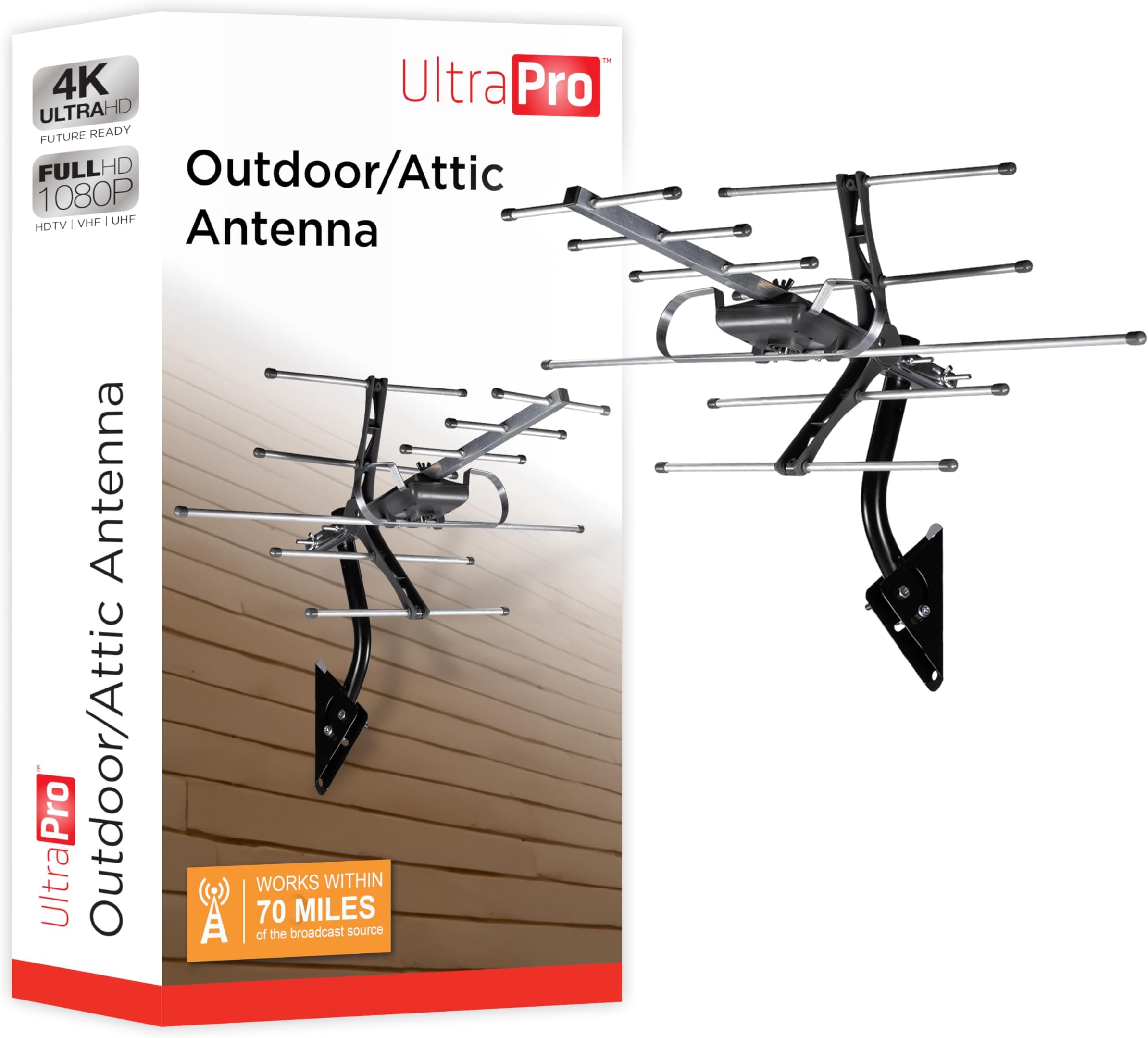 UltraPro Outdoor HD Digital, Long Range Smart TV Antenna, Supports 4K 1080P HD VHF UHF, J Mount Included for Attic or Outdoor, Weather Resistant, 65000