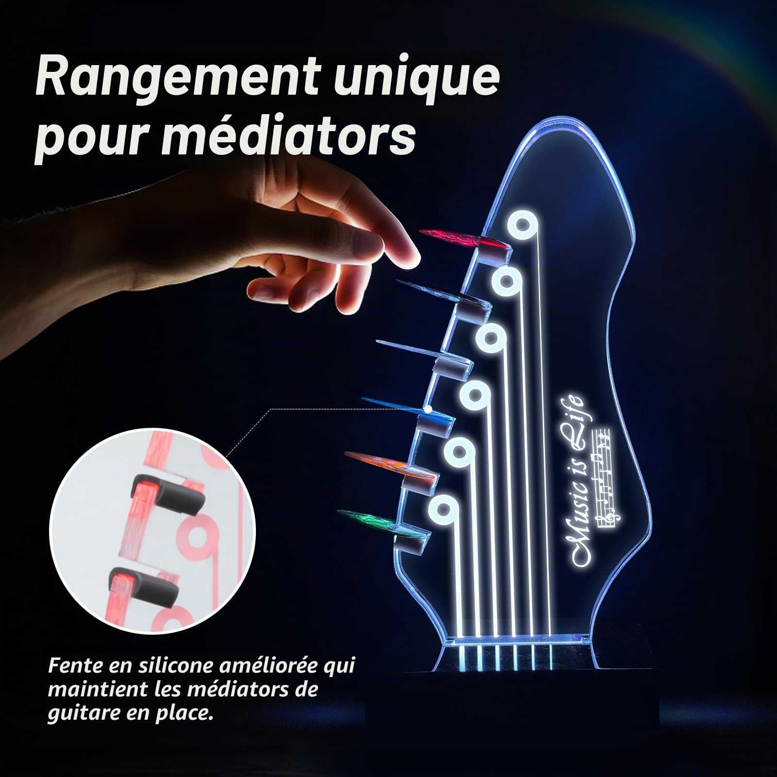 Support de médiator lumineux avec 7 couleurs changeantes, alimentation USB, affichage de rangement à DEL et veilleuse, peut contenir 6 médiators, décoration de chambre cool pour guitaristes, cadeau