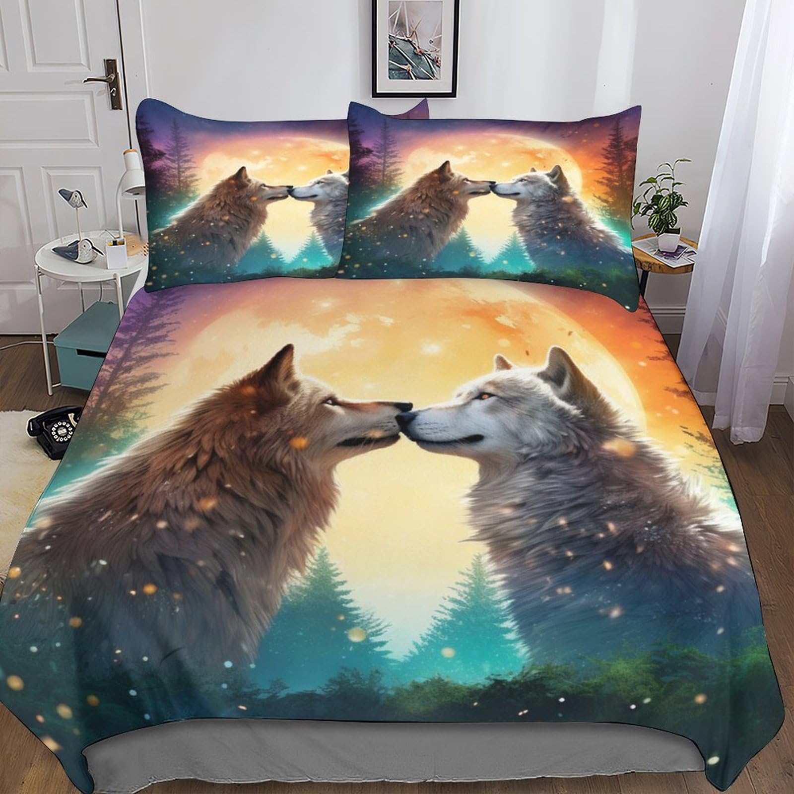 Wolf Bedding Printed Duvet Cover Set 3D Print Planets And Moon Comforter Cover Soft Microfiber Modern Style Quilt Cover Zipper 3 Pieces Set for Girls Boys Children Button Closure King（220x240cm）