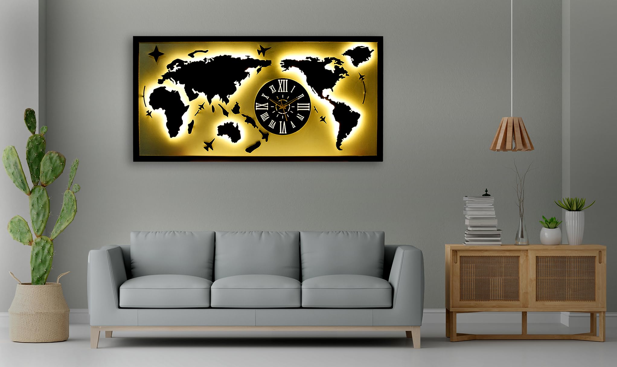 METSYMetal Laser Cut(World Map with analogue clock) Wall Hanging world map attached analogue clock with LED Strip Lighting(Bomb White Shade)(4x2) feet, Gorgeous lookings