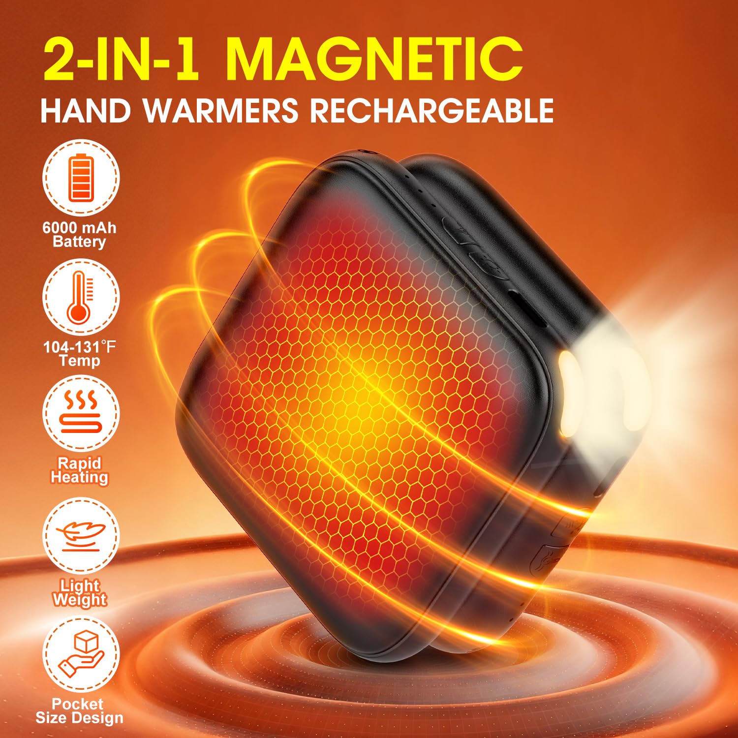 Hand Warmers Rechargeable 2 Pack - 6000mAh 3-Temp Fast Heating Electric Hand Warmers with LED Light, UL Certified Portable Pocket Heater, Hunting Essentials, Gifts for Christmas Men Women Teens(Black)