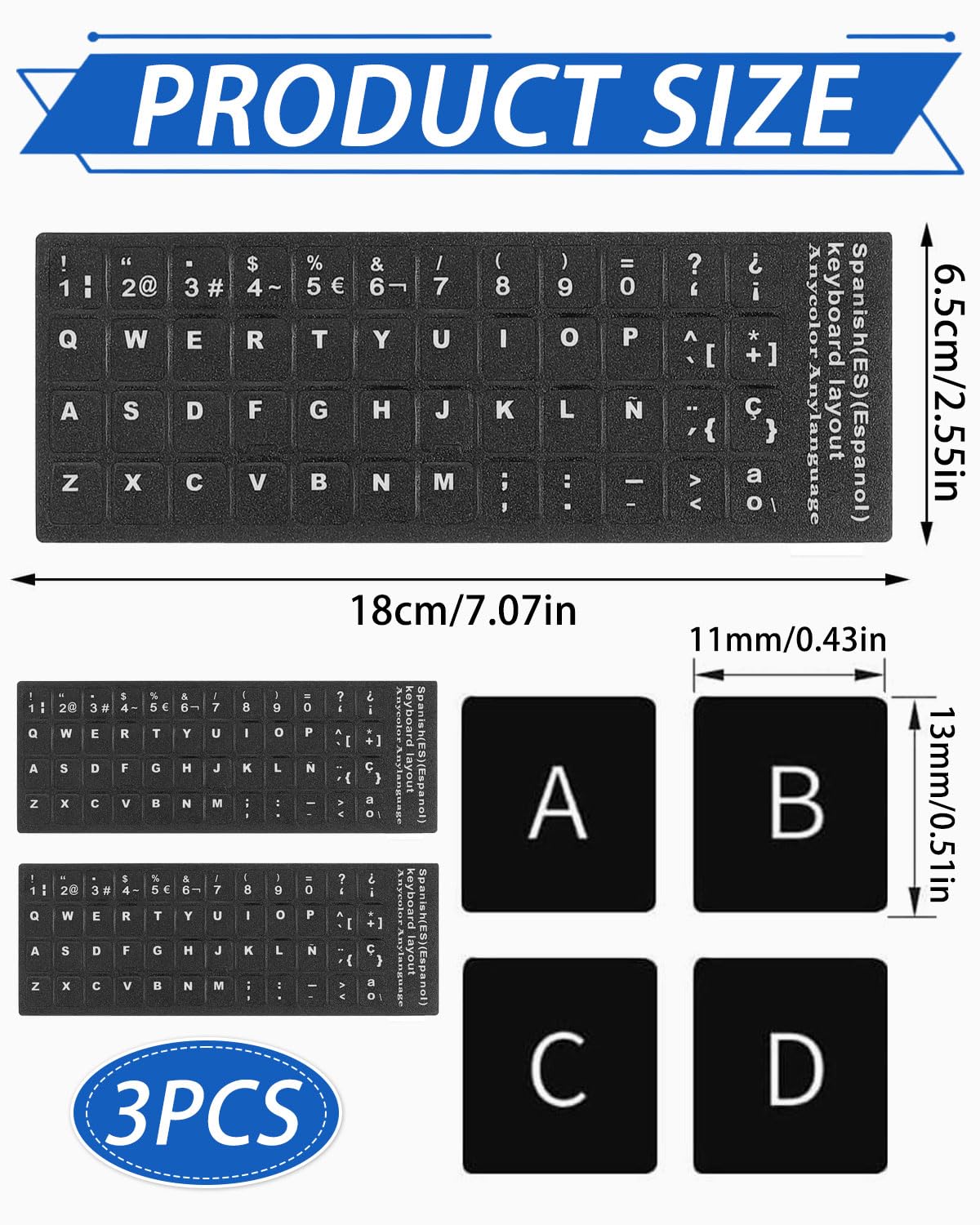 LEEQ 3 Piezas Pegatinas de Teclado Español Universales Calcomanías de Teclado de Repuesto Cubren Fondo con Letras Blancas para Computadora Portátil de Escritorio
