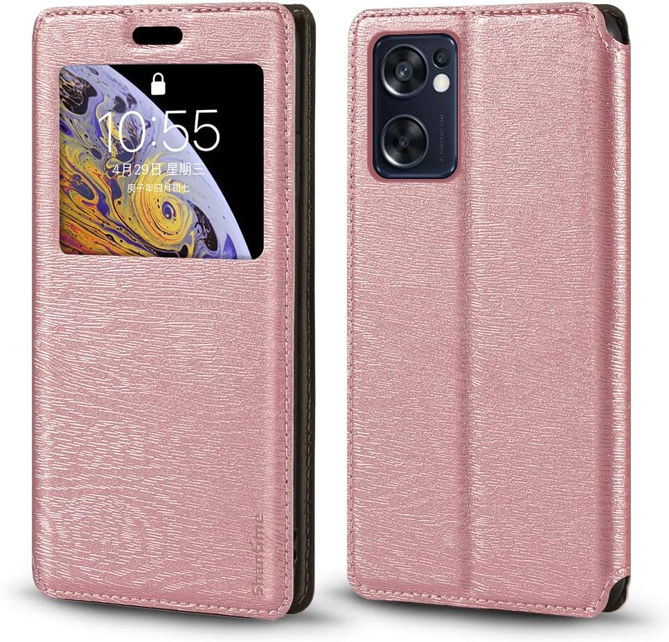 Viewable Window Leather Flip Case Compatible with OPPO Reno 7 SE 5G, Elegant Design Clear Display Invisible Magnetic Cover and Card Slot(Rose Gold)