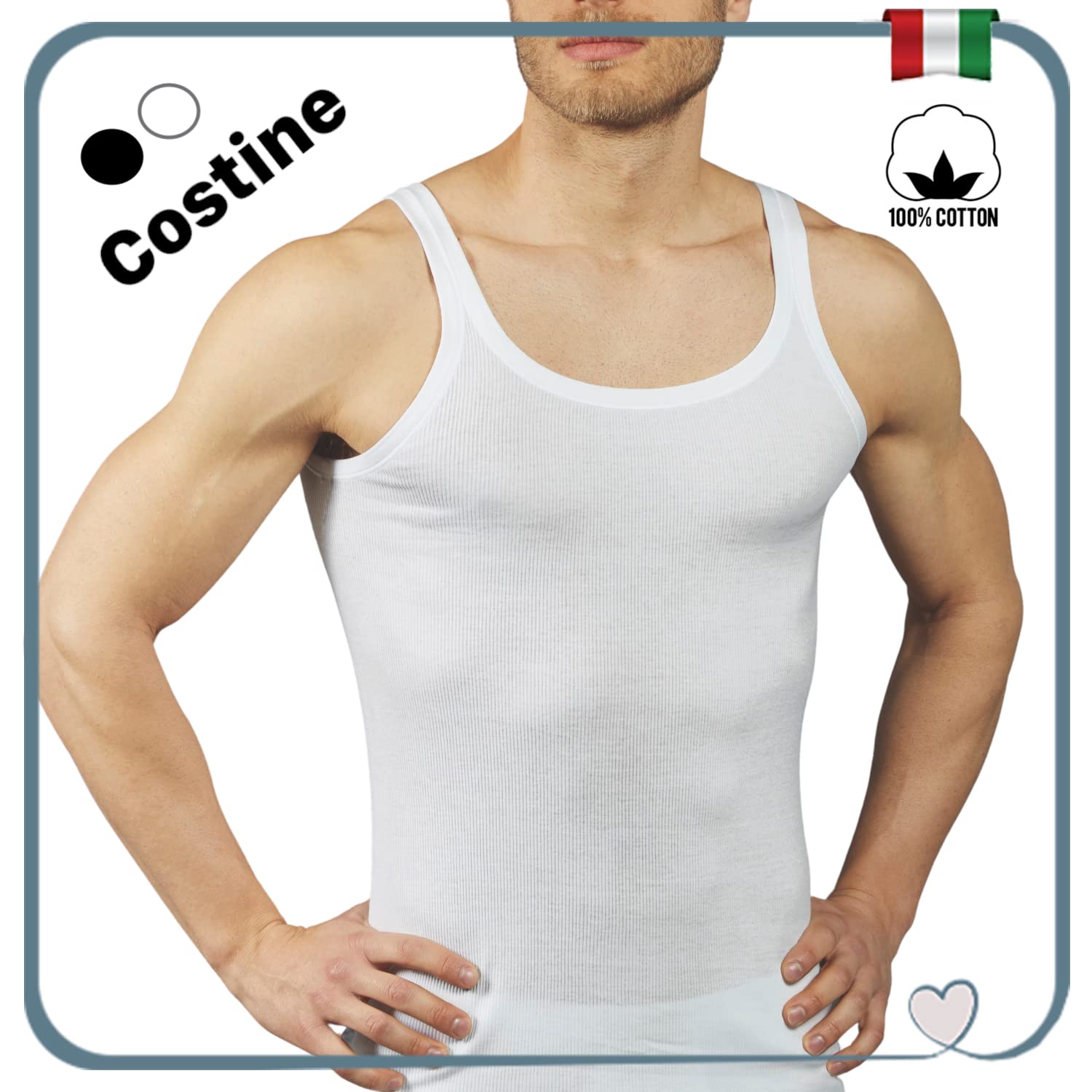 VP Pinuccio Venegoni Conjunto de 3 camisetas para hombre íntimo acanalado; fabricado en Italia, 100% algodón mercerizado; Camiseta de tirantes de hombro estrecho íntima blanca negra sin mangas;