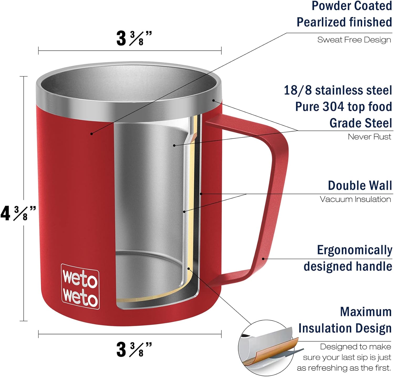 WETOWETO 14 oz Coffee Mug, Vacuum Insulated Camping Mug with Lid, Double Wall Stainless Steel Travel Tumbler Cup, Coffee Mugs Outdoor, Powder Coated Harvest Red - Image 3