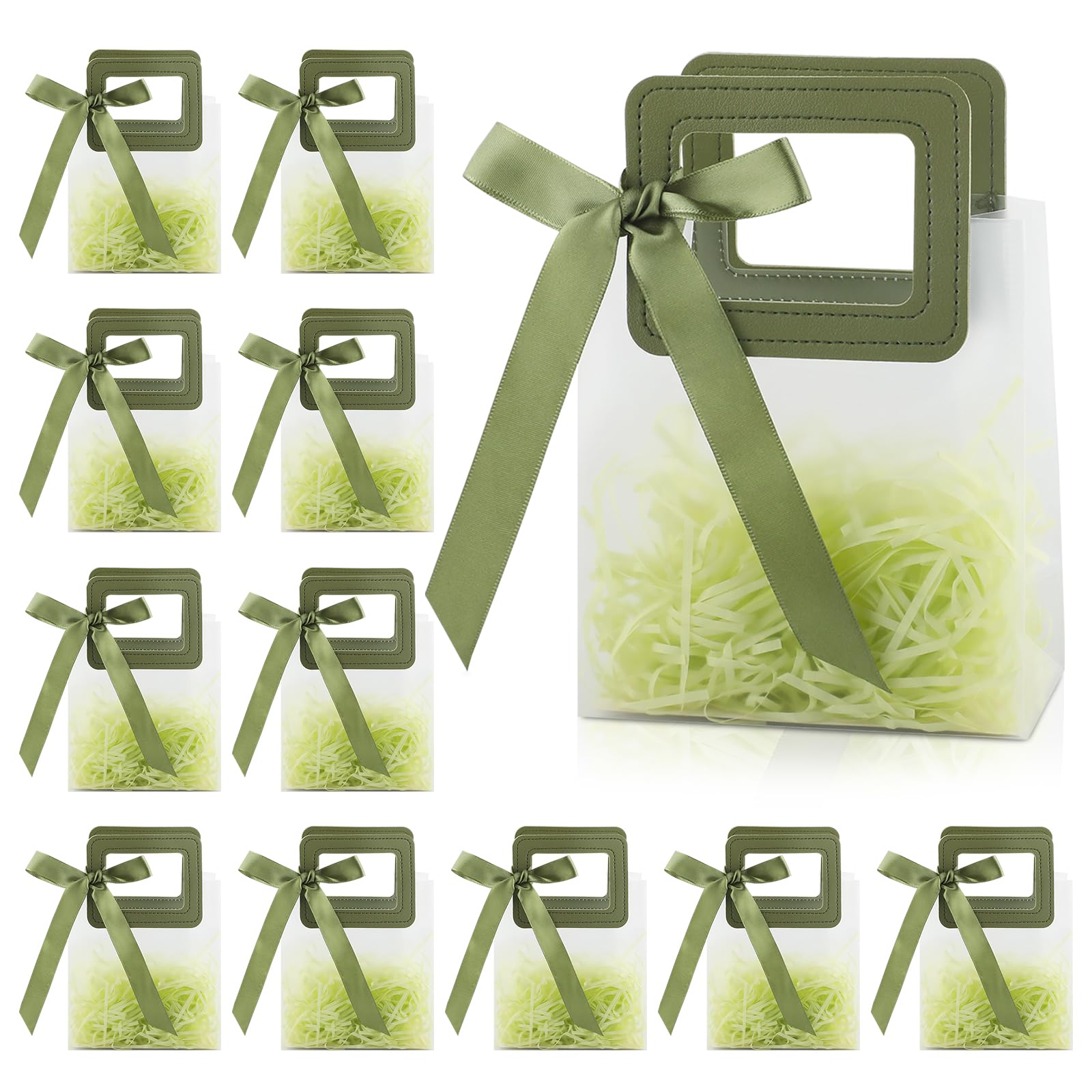 12 Pcs Clear Gift Bags with Handles, 15 x 13.4 x 7 cm Small Reusable Frosted Plastic Tote Bags with Green Ribbon, Square Leather Handle Gift Wrap Bags for Party Favour, Bridal Party, Baby Shower