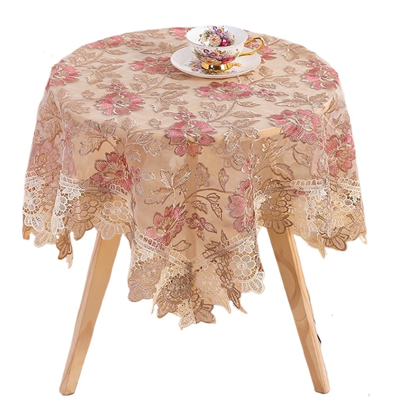 LuMOUzhou Lace Tablecloth Embroidered Multicolor Multiple Sizes Wedding Home Decor(Coffee Pink,60x60cm)