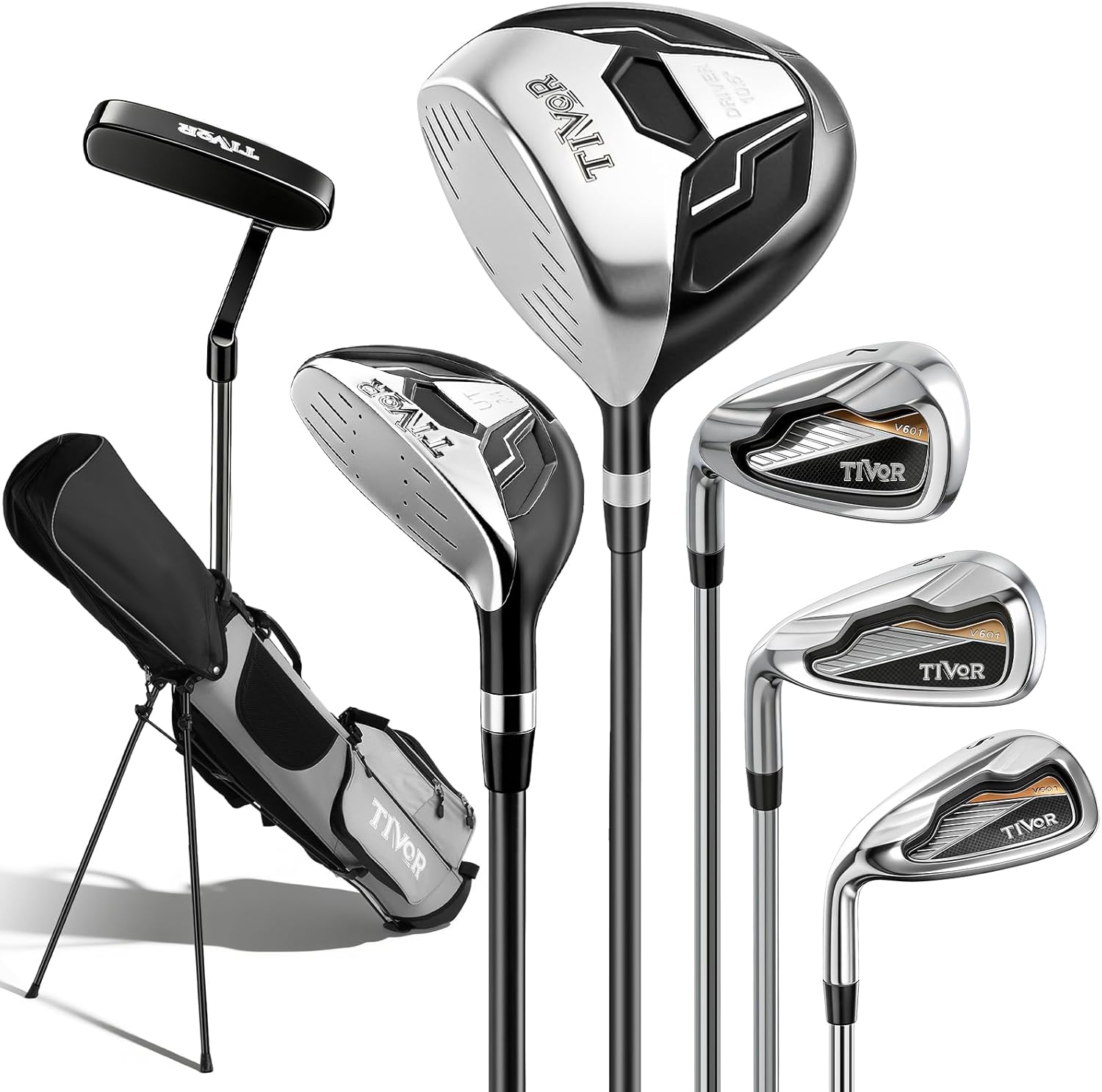 Golf Clubs Set 7-Piece Complete Set with Driver Hybrid 7 Iron 9 Iron Sand Wedge Putter Stand Bag for Men Right Left Handed - Beginner Golf Sets Gray