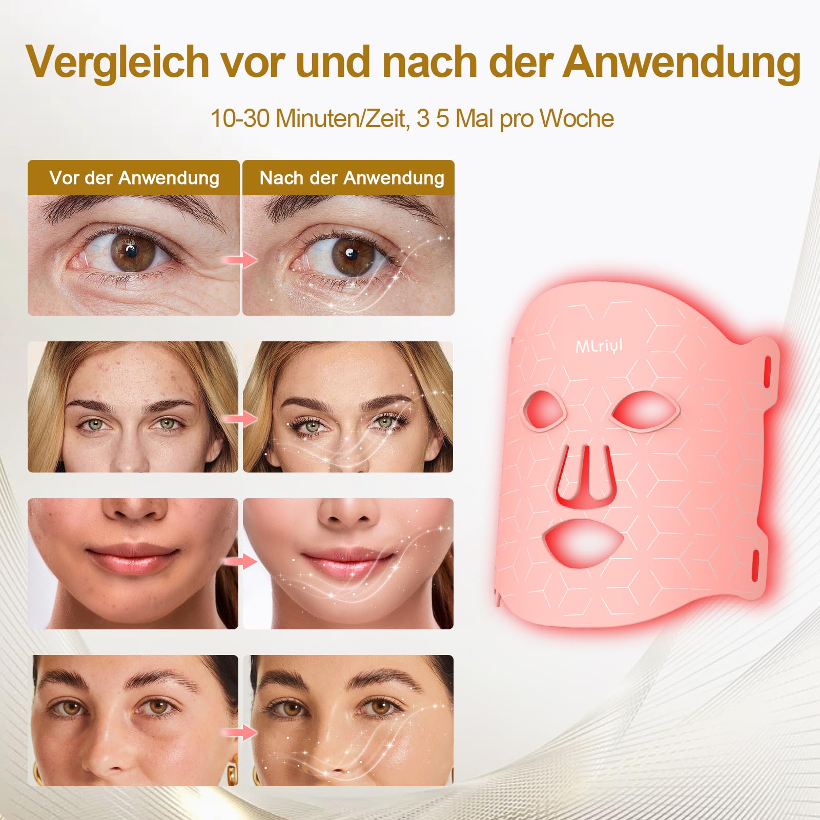 Rotlicht Maske Gesicht 850nm Nahinfrarotlicht 7 Modi Anti Falten | 108 LEDs mit 324 Chips erzeugen eine gleichmäßige Lichtverteilung, 3 Einstellbare Helligkeitsstufen für Anti-Aging