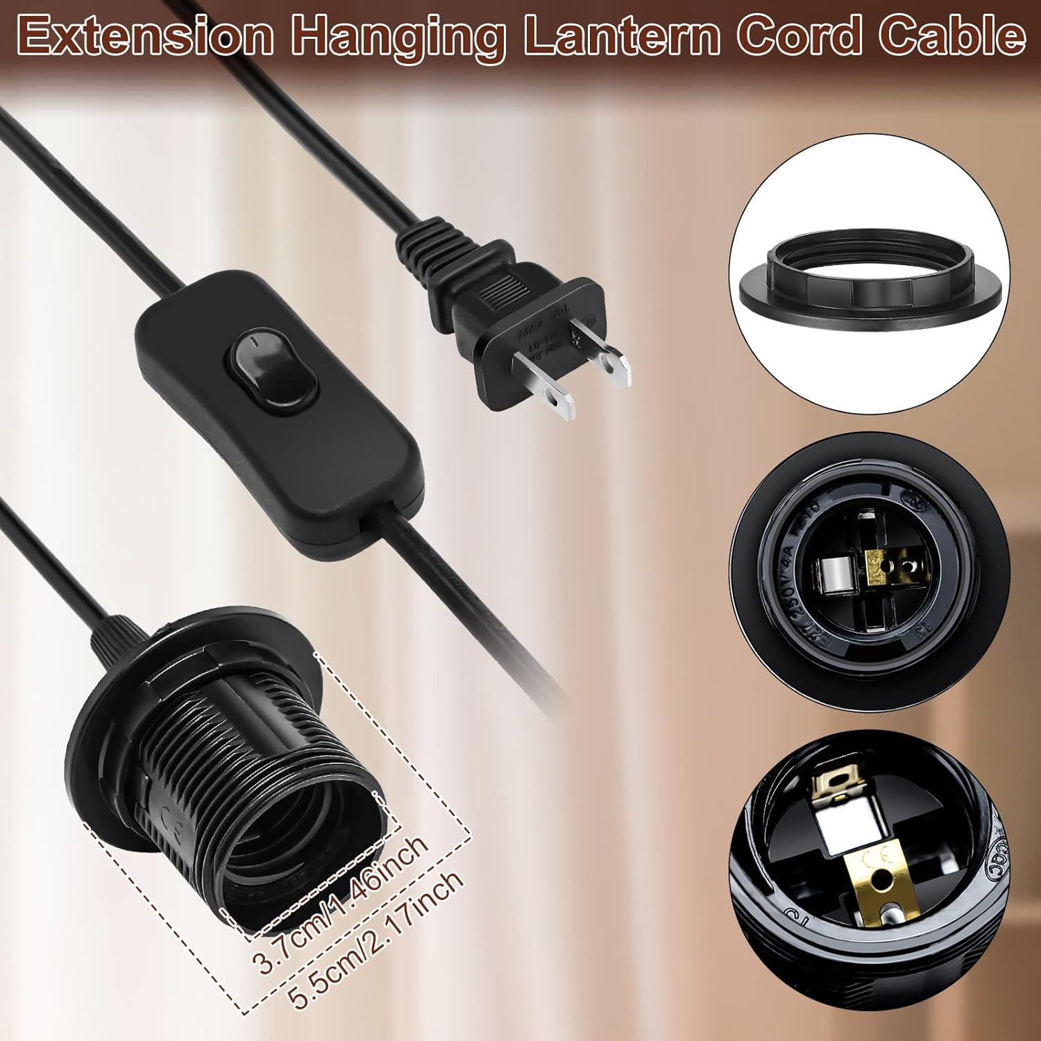 Reginary 6 Pieces Hanging Light Cord Kit Lantern Bulb Cord Cable Extension Plug in Pendant with in-line On/Off Switch E27 Socket Lamp Kit for DIY Pendant Lamp(15 Feet/ 4.5 M,Black)