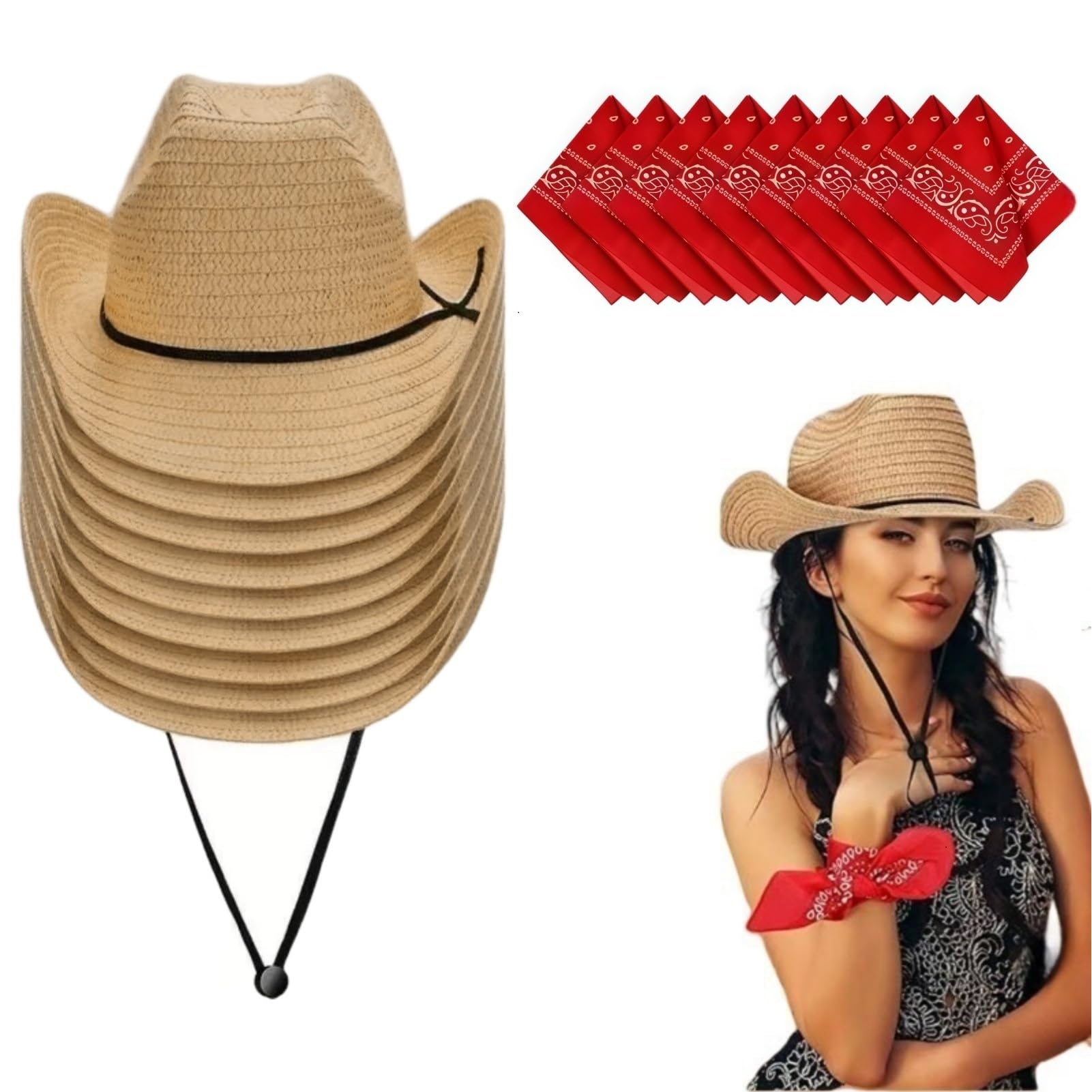 Générique Confezione da 10 cappelli da cowboy con bandane da uomo e da donna Western Cowgirl Hat Foulard Cappello di paglia Panama per accessori da festa, rodeo, mascherate