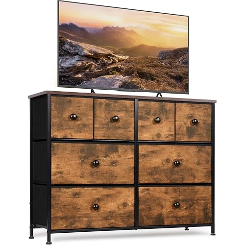 AOPSEN Dresser for Bedroom with 8 Drawers, Storage Dresser for Closet, Wide Black Chest of Drawers, Sturdy Large Capacity, Steel Frame, Easy Pull Handle,Brown Print