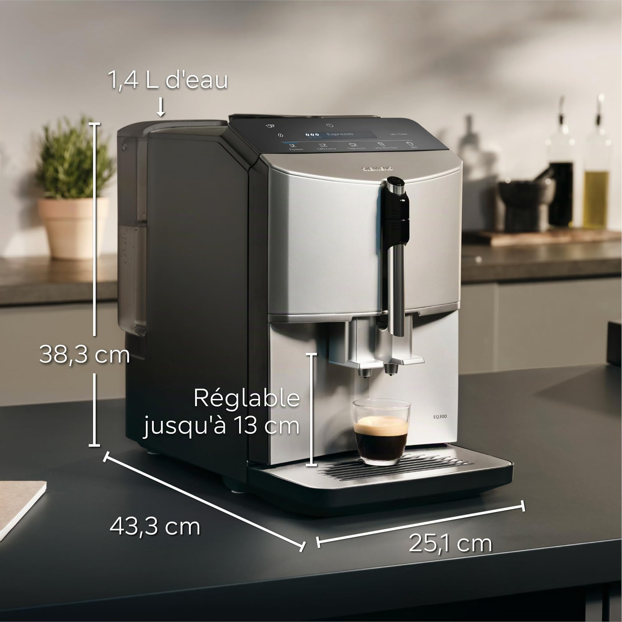 SIEMENS, machine à café tout automatique, EQ300, ceramDrive, milkPerfect, fonction oneTouch, silver métallique, TF303E07