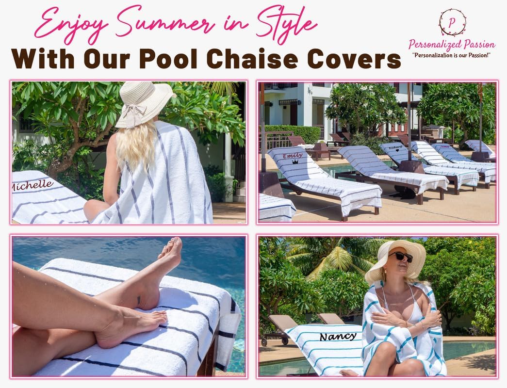 Personalized Passion Pool Lounge Chair Towel Covers 30"x85" - Super Soft and Highly Absorbent Cotton Beach Chair Cover for Hotel Pool Sunbathing, Outdoor Patio - Stripped Navy
