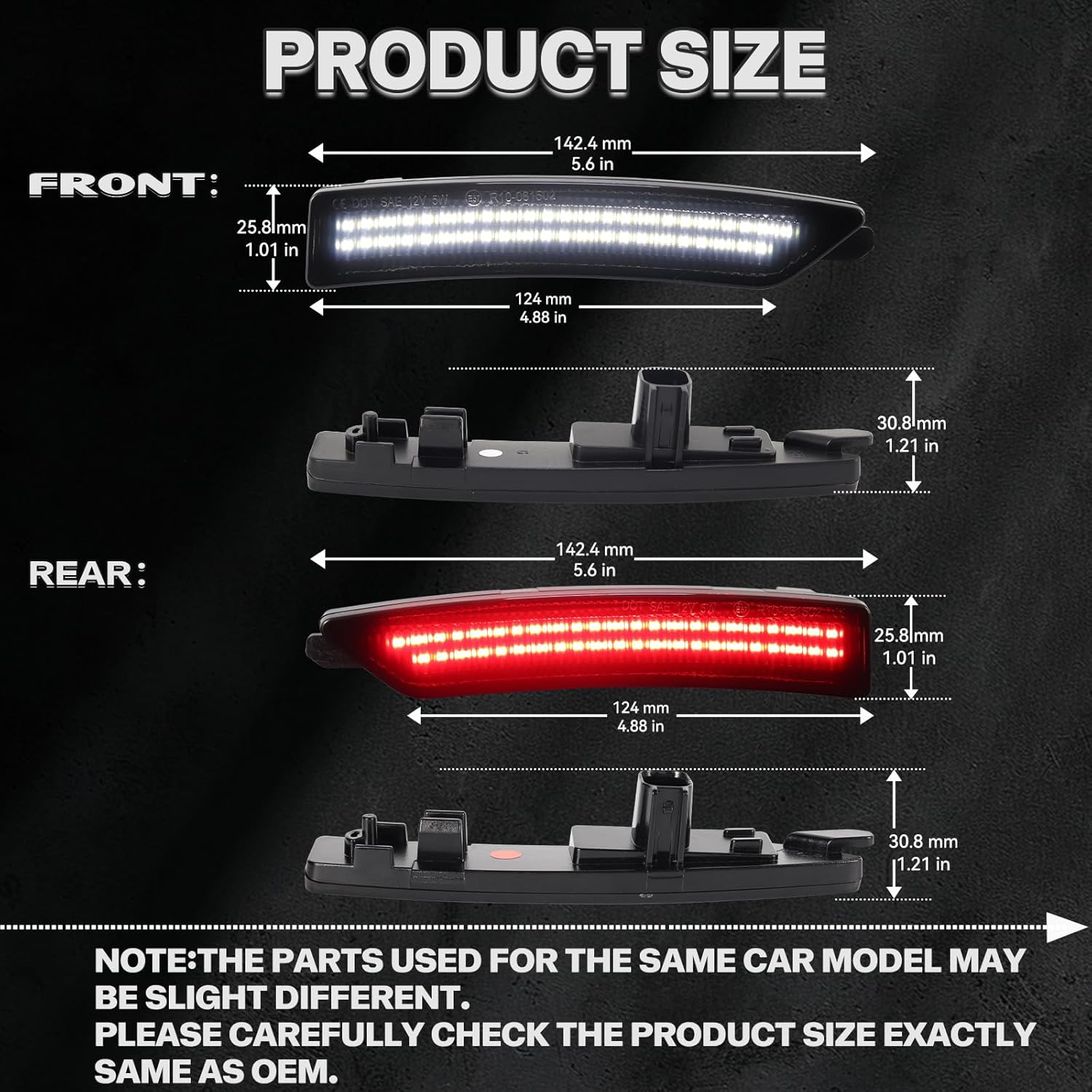 Dynamic White & Red LED Side Marker Lights for 2024 2025 Ford Mustang S650 GT GTD Dark Horse EcoBoost Sequential Scan Front Rear Fender Bumper Sidemarker Lights With Smoked Lens 4pcs