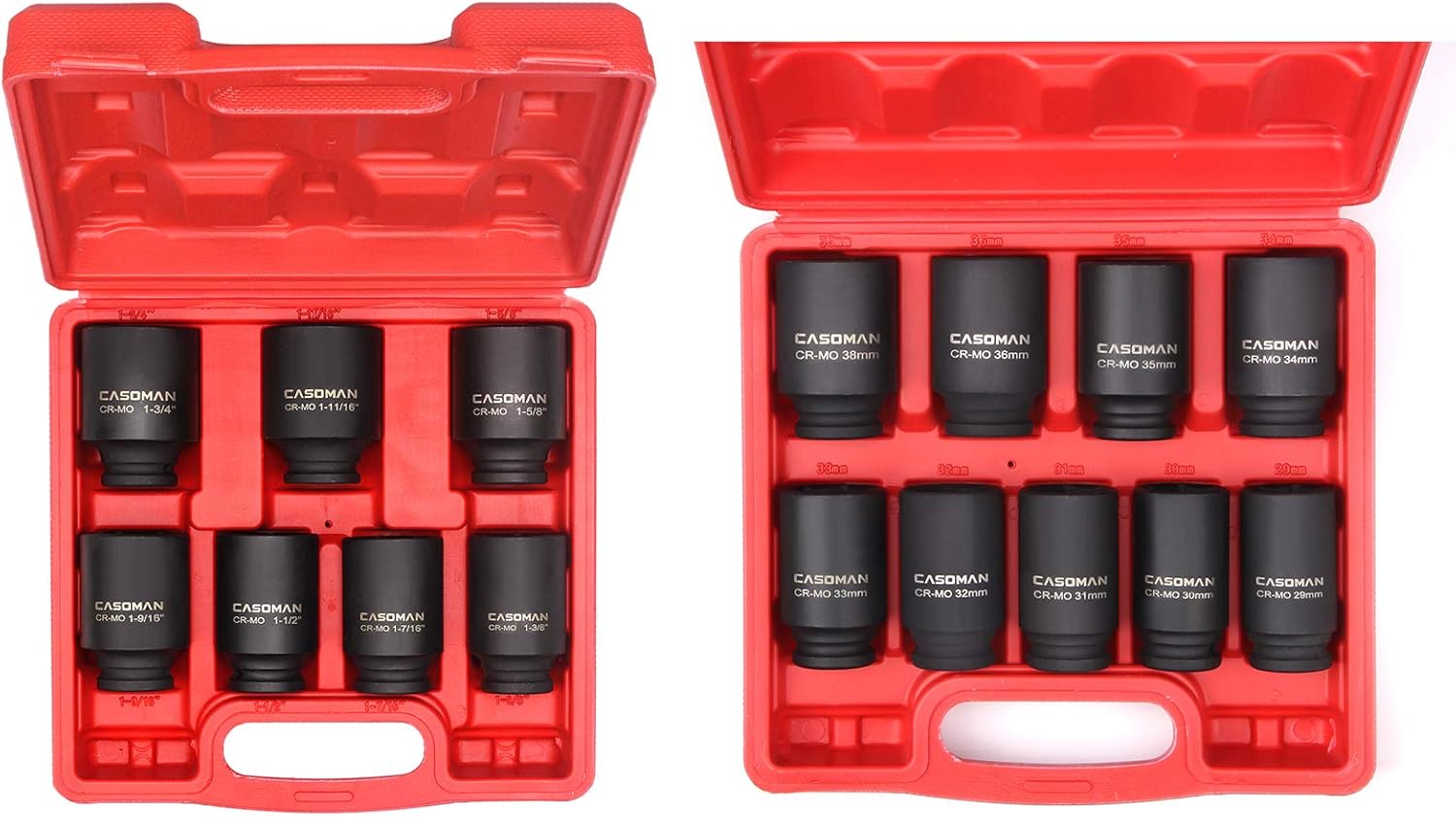 CASOMAN 1/2-Inch Drive Deep Spindle Axle Nut Impact Socket Set, 1/2" Drive Deep Impact Socket Set, Inch, Cr-Mo, 6-Point, 1-3/8-Inch - 1-3/4-Inch, 7 Piece Axle Socket Set & 1/2- Inch Drive Deep Spindle