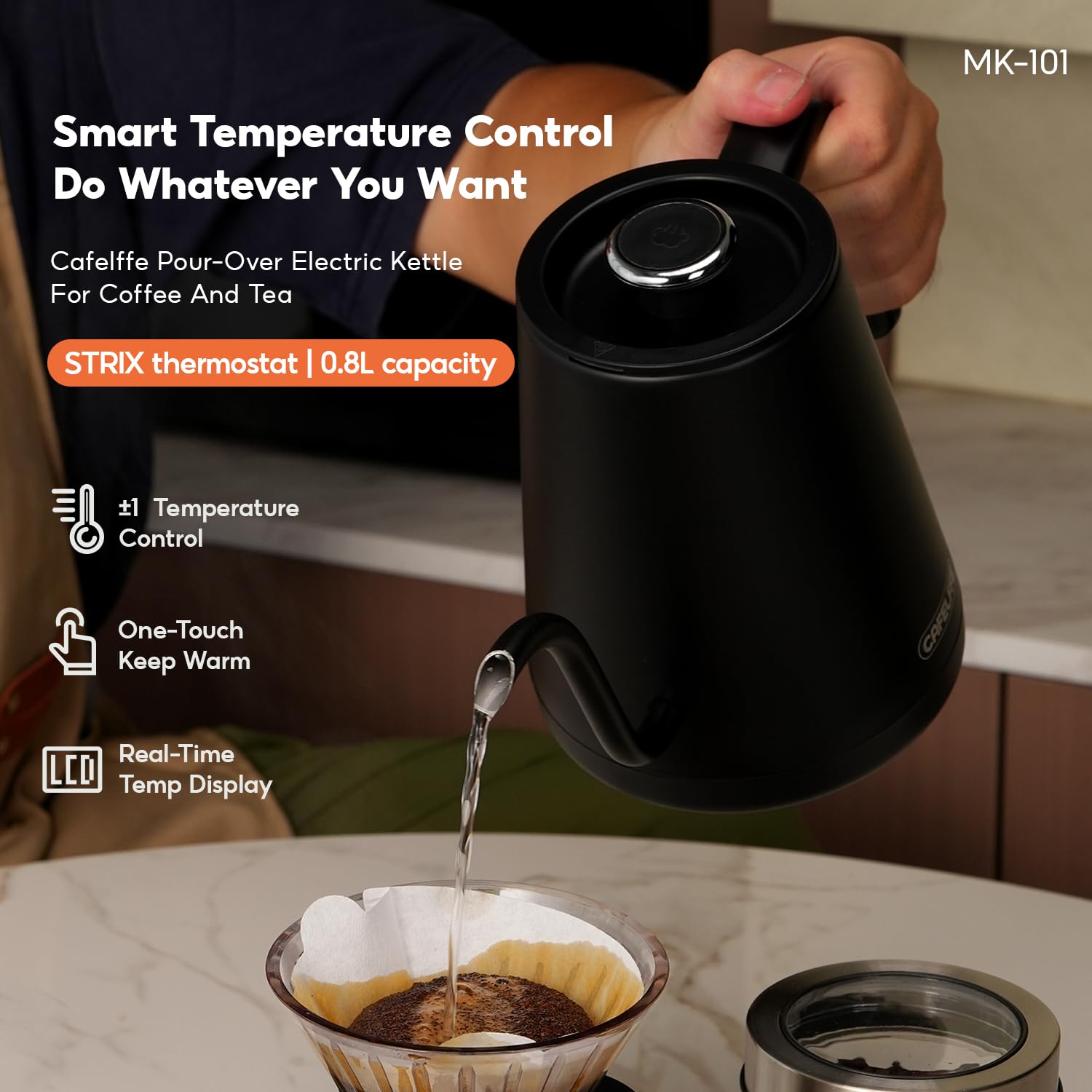 CAFELFFE Elektrischer Schwanenhals-Wasserkocher, Pour-Over-Kaffee- und Teekanne, Edelstahl-Heißwasserspender mit Temperaturregelung und Warmhaltefunktion, 0,8 l, 1500 W, Schwarz, MK-101