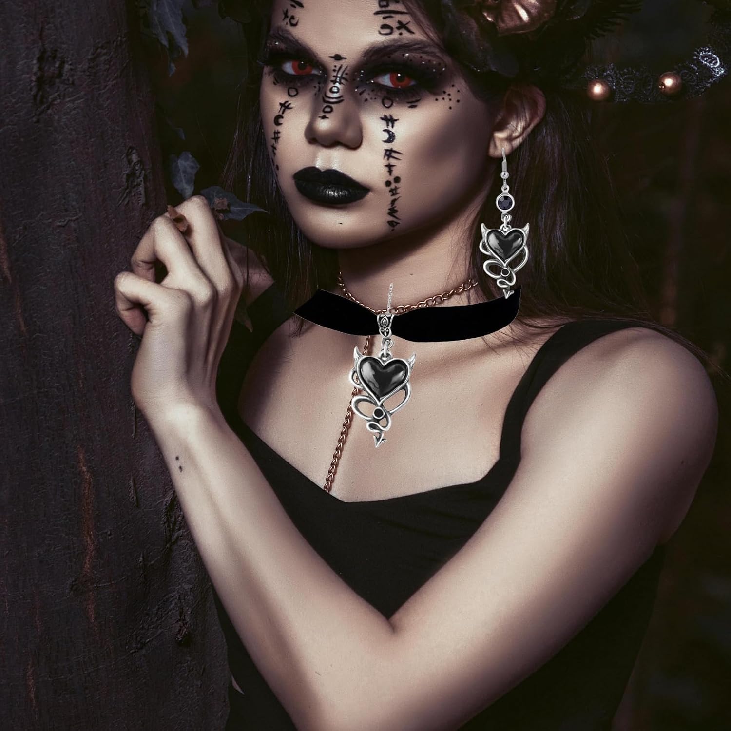 Gothic Devil Wing Heart Earrings Necklace Set for Women Vintage Velvet Red Black Crystal Necklace Earrings Stainless Steel Hooks Accessories Mystery Vampire Witch Jewelry Set - Image 2